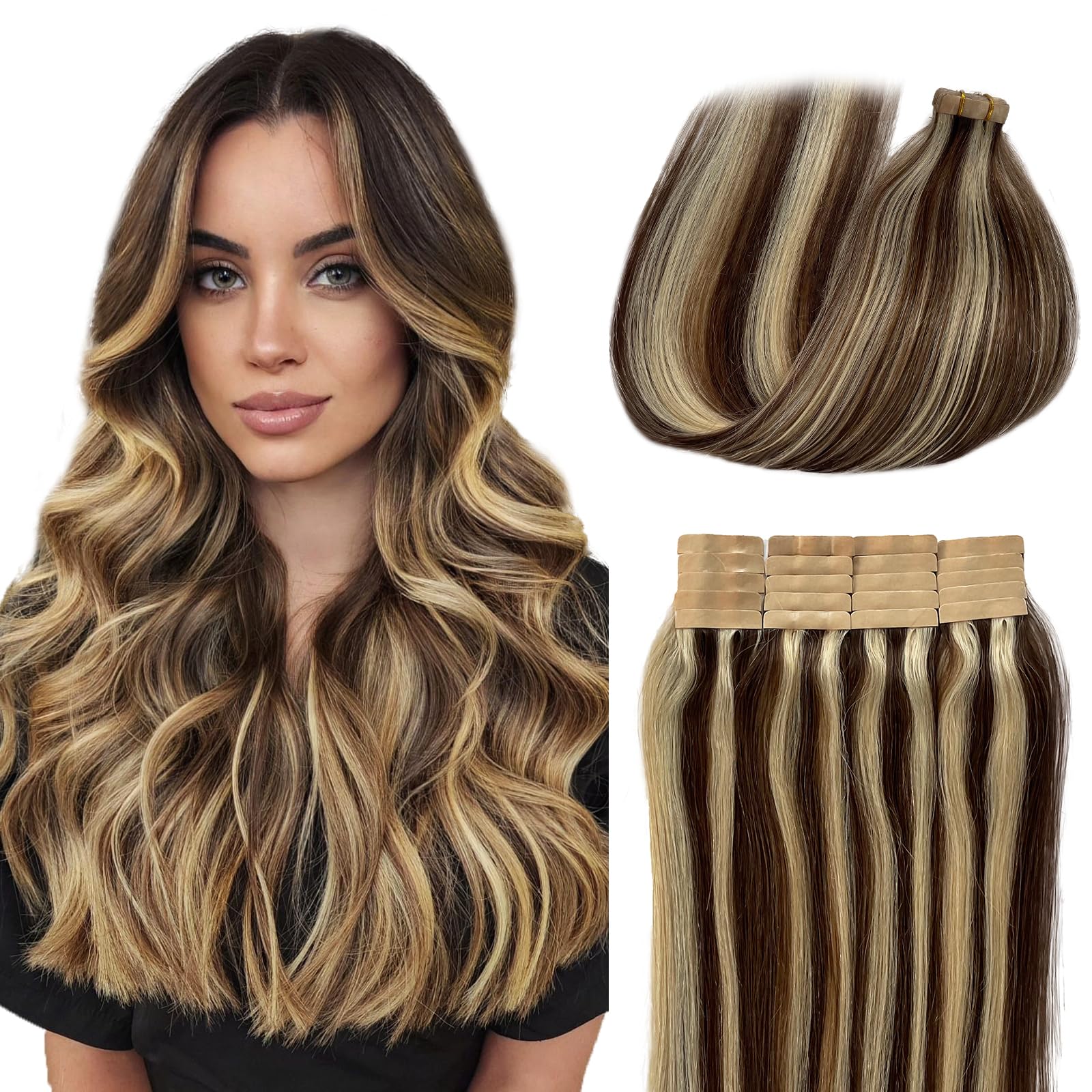 Remy Tape In Hair Extension Invisible Seamless Skin Weft Human Hair Tape In Extensions 24Inch 20Pcs 70G Medium Brown With Bleach