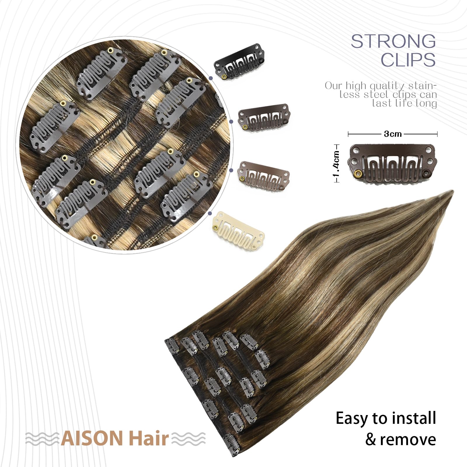 Aison Caramel Clip in Hair Extensions Real Human Hair 70G Chocolate Brown To Dark Blonde 100% Remy Human Hair Soft Silky Straigh