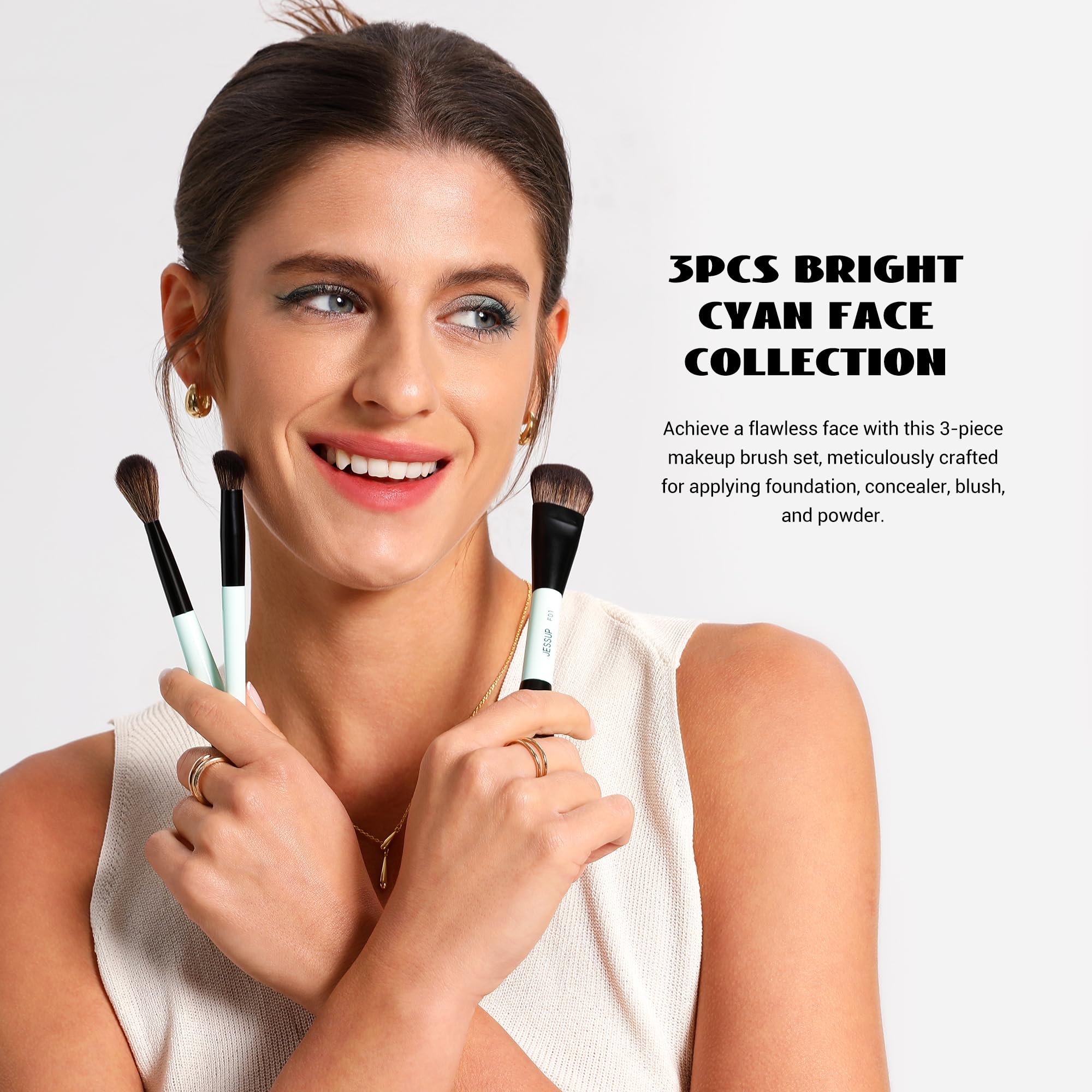 Jessup Face Makeup Brushes Blue 3Pcs Double Ended Makeup Brush For Foundation Contour Blush Highlight And Concealer Brush, Premi