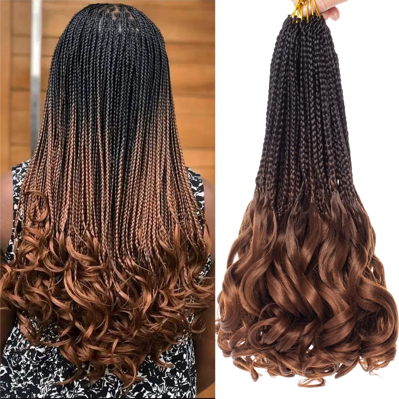 COOKOO 9 Pack 14 Inch Pre Looped French Curly Box Braids Hair Ombre Brown Crochet Box Braid with Curls At The End Loose Curly Sy