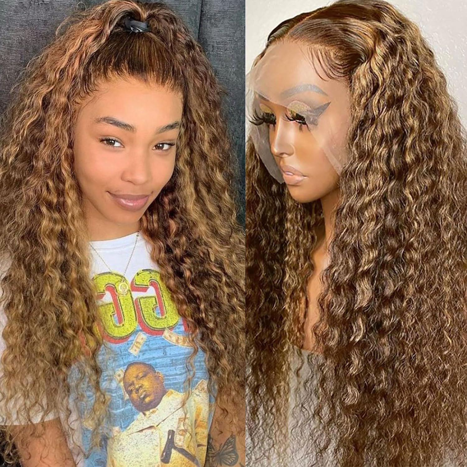 30-Inch Highlight Lace Front Wigs Human Hair 180% Density Deep Curly Ombre Honey Blonde 4/27 13X6 HD Transparent Lace Front Wig 