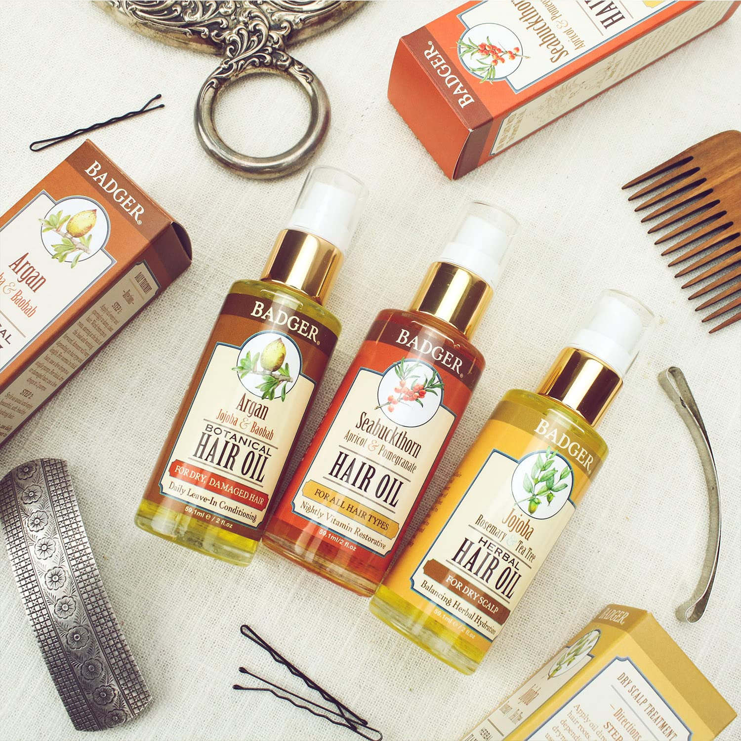 Badger - Argan Hair Oil w/Jojoba & Baobab, Moroccan Argan Oil Treatment for Dry Damaged or Frizzy Hair, Leave-In Conditioner, Or