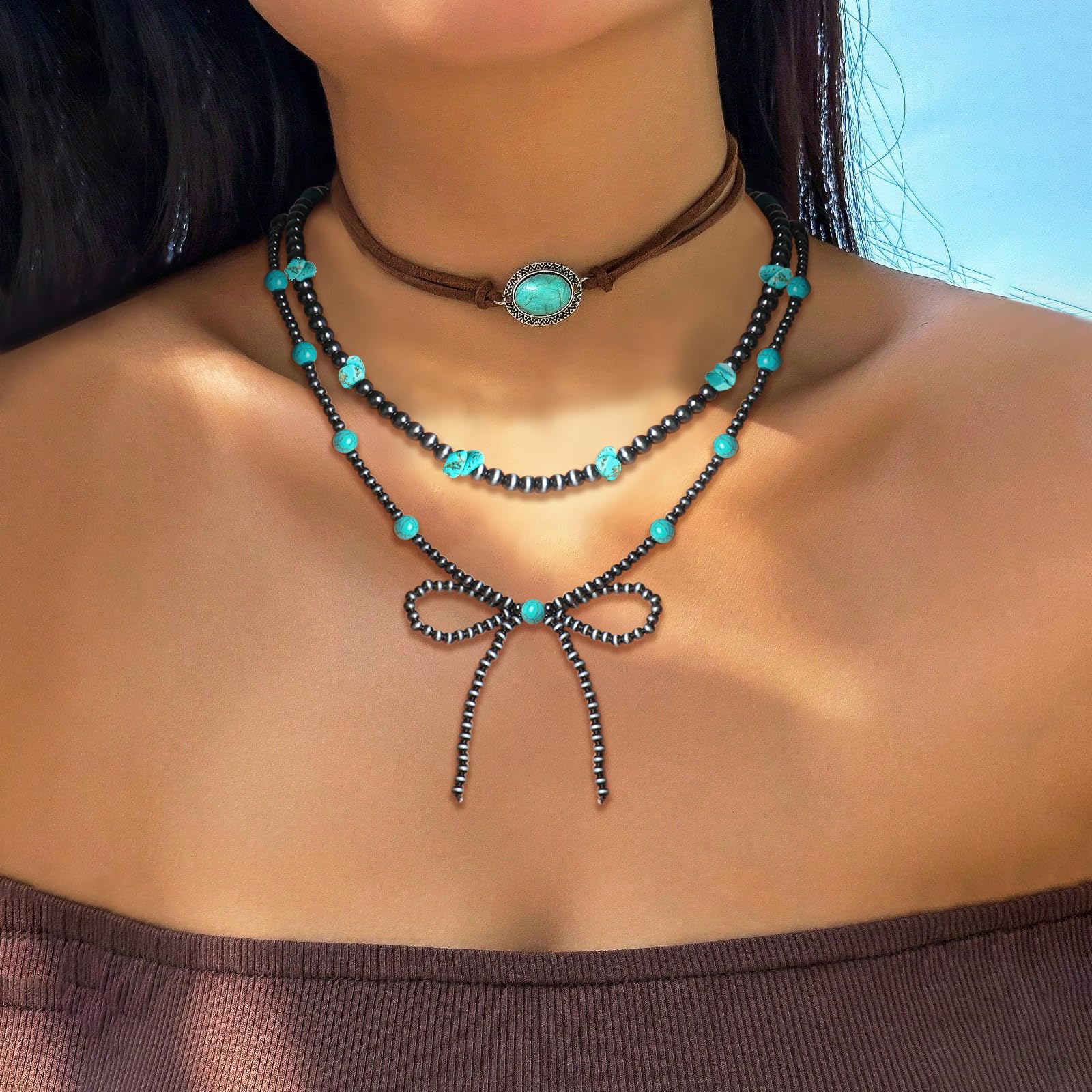Navajo Pearl Bow Necklace Western Jewelry for Women Cowgirl Turquoise Necklaces Jewelry (15)