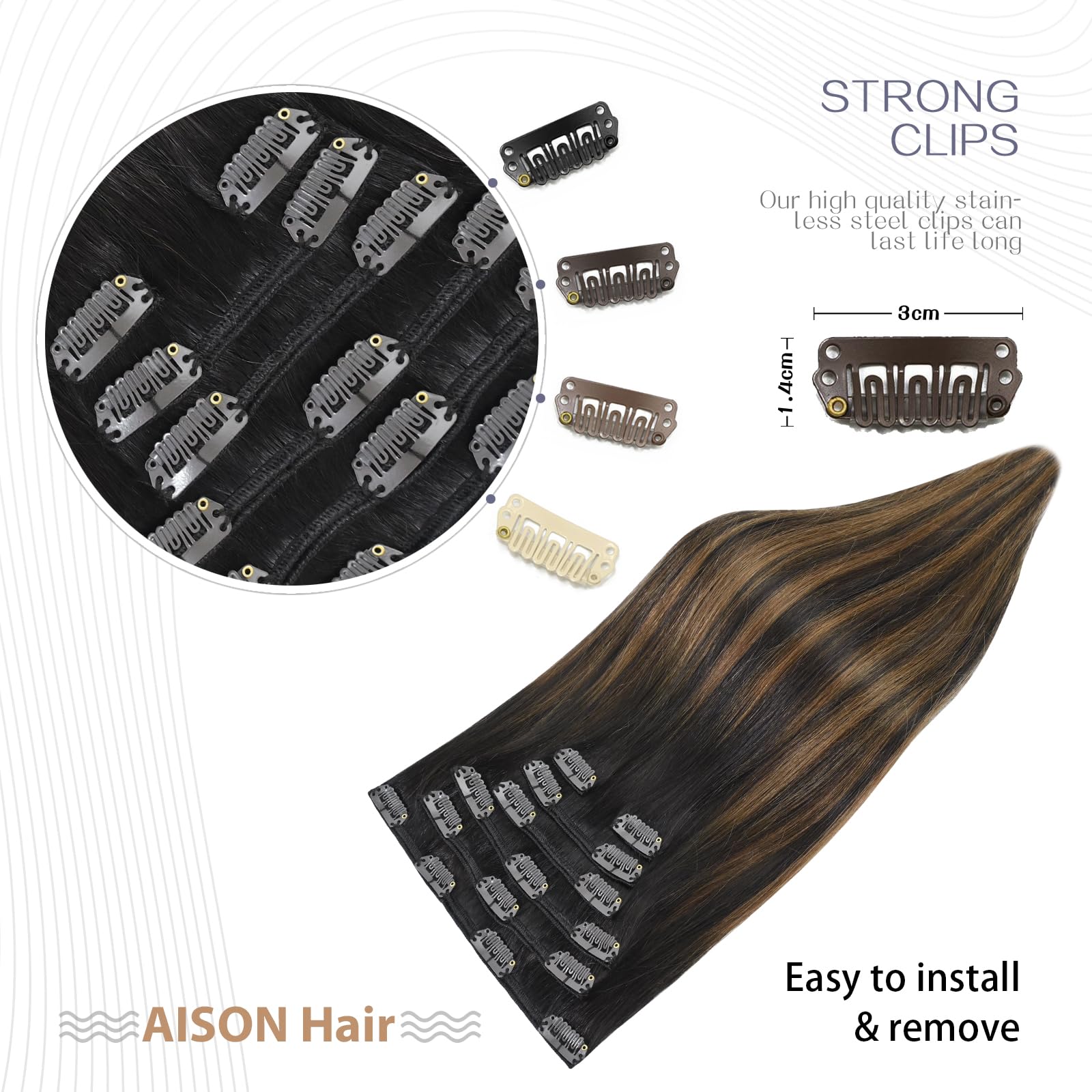 Aison Hair Extension Clip in Hair Extensions Real Human Hair 70G Dark Brown to Chestnut Brown 100% Remy Human Hair 22 Inch Silky