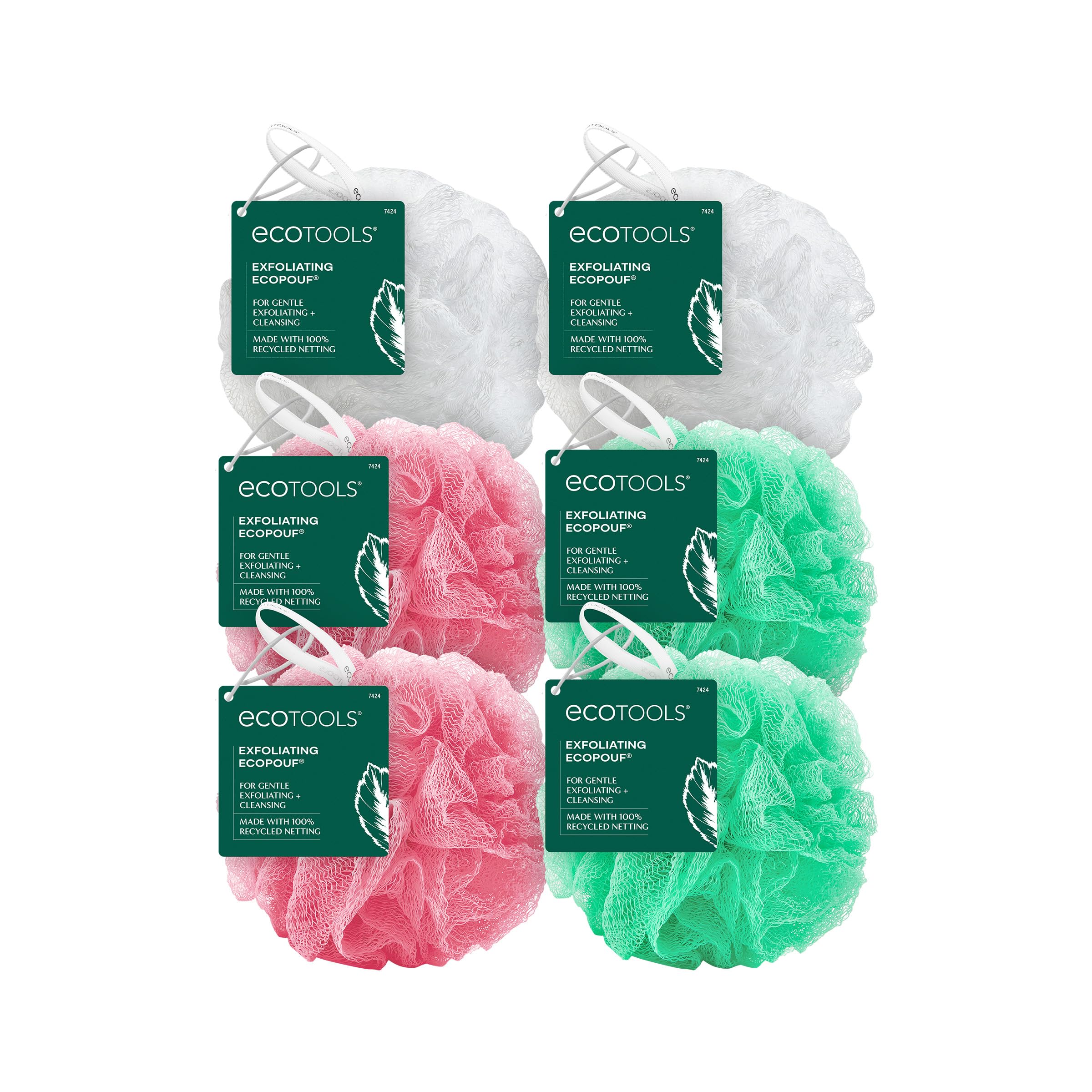 Ecotools Exfoliating Ecopouf Bath Sponges, Rich Lather, Recycled Netting, Body Loofahs For Smoother, Softer Skin, Removes Dirt &