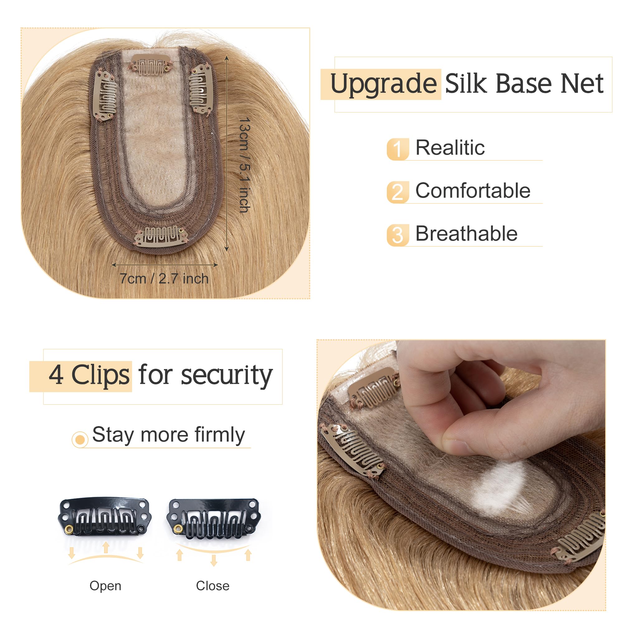 SEGO Human Hair Toppers for Women With Thinning Hair 7 * 13CM Silk Base 100% Real Human Hair Clip in Top Wiglet Hair Pieces -16