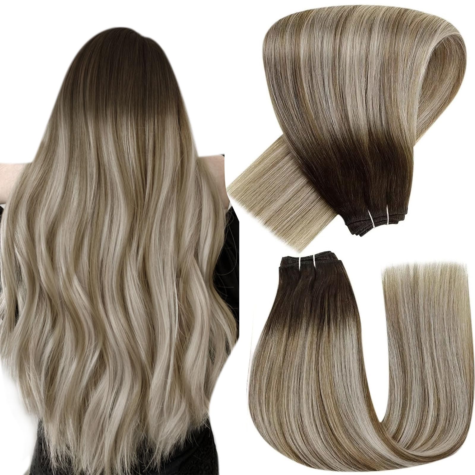 Hetto Sew in Hair Extensions Real Weft Hair Extensions Ombre Sew in Remy Hair Extensions Remy Hair Weft Brown to Medium Brown wi