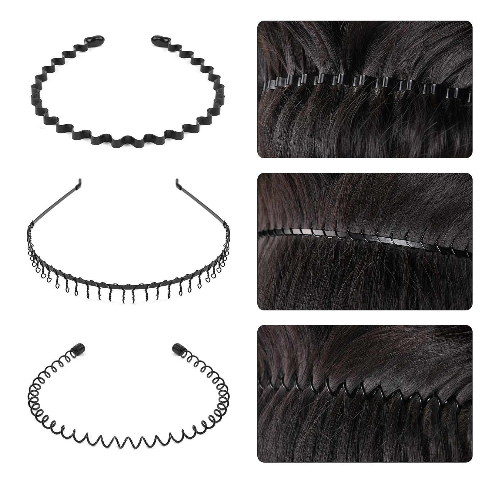 URAQT Metal Headbands, 6 Pcs Fashion Unisex Black Spring Wavy Headwear Hair Hoop for Men Women, Non-slip Sports Hairband Metal H