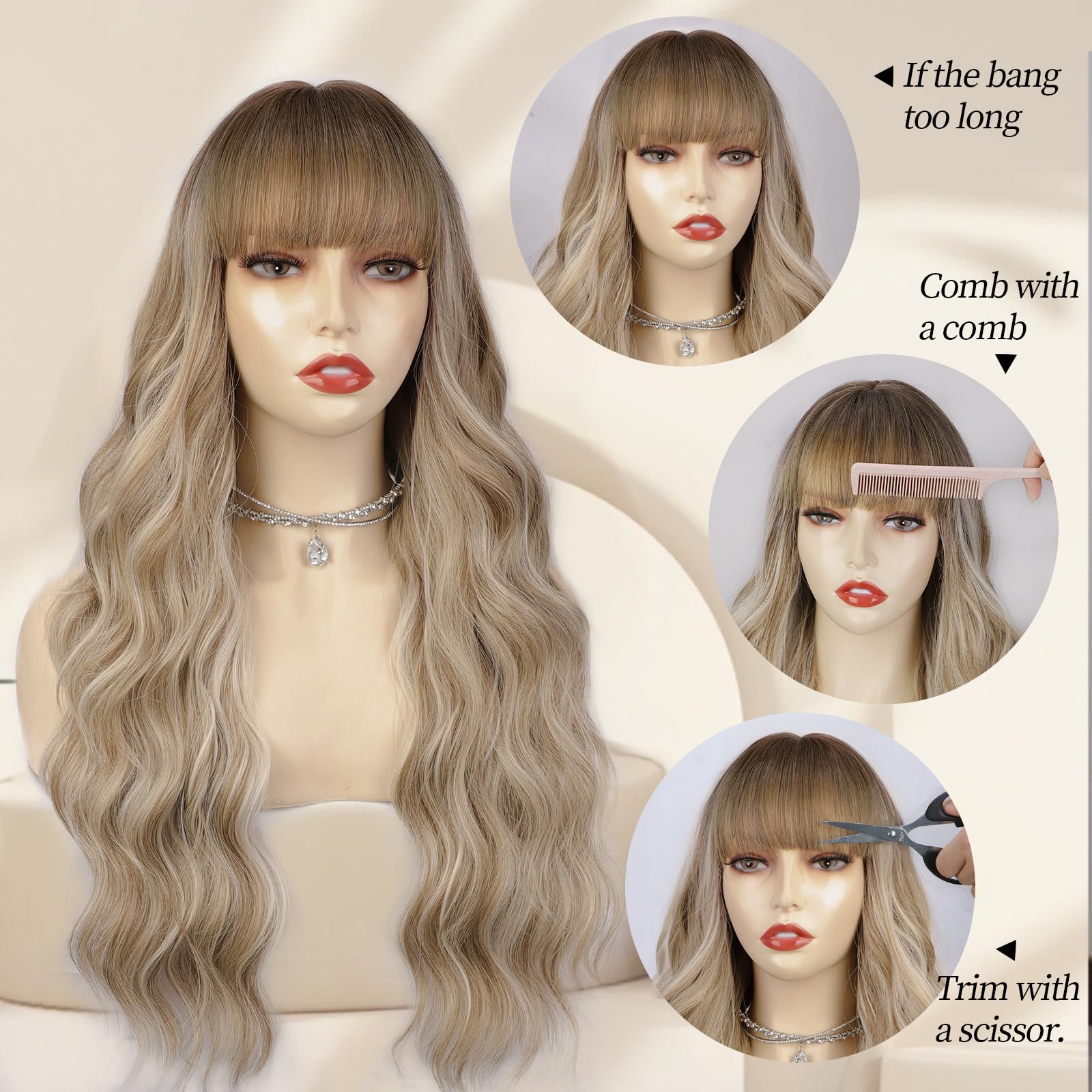 Lativ Dirty Blonde Wig With Bangs Long Wavy Curly Ombre Blonde Wig With Dark Roots Synthetic Heat Resistant Wigs For Women Daily