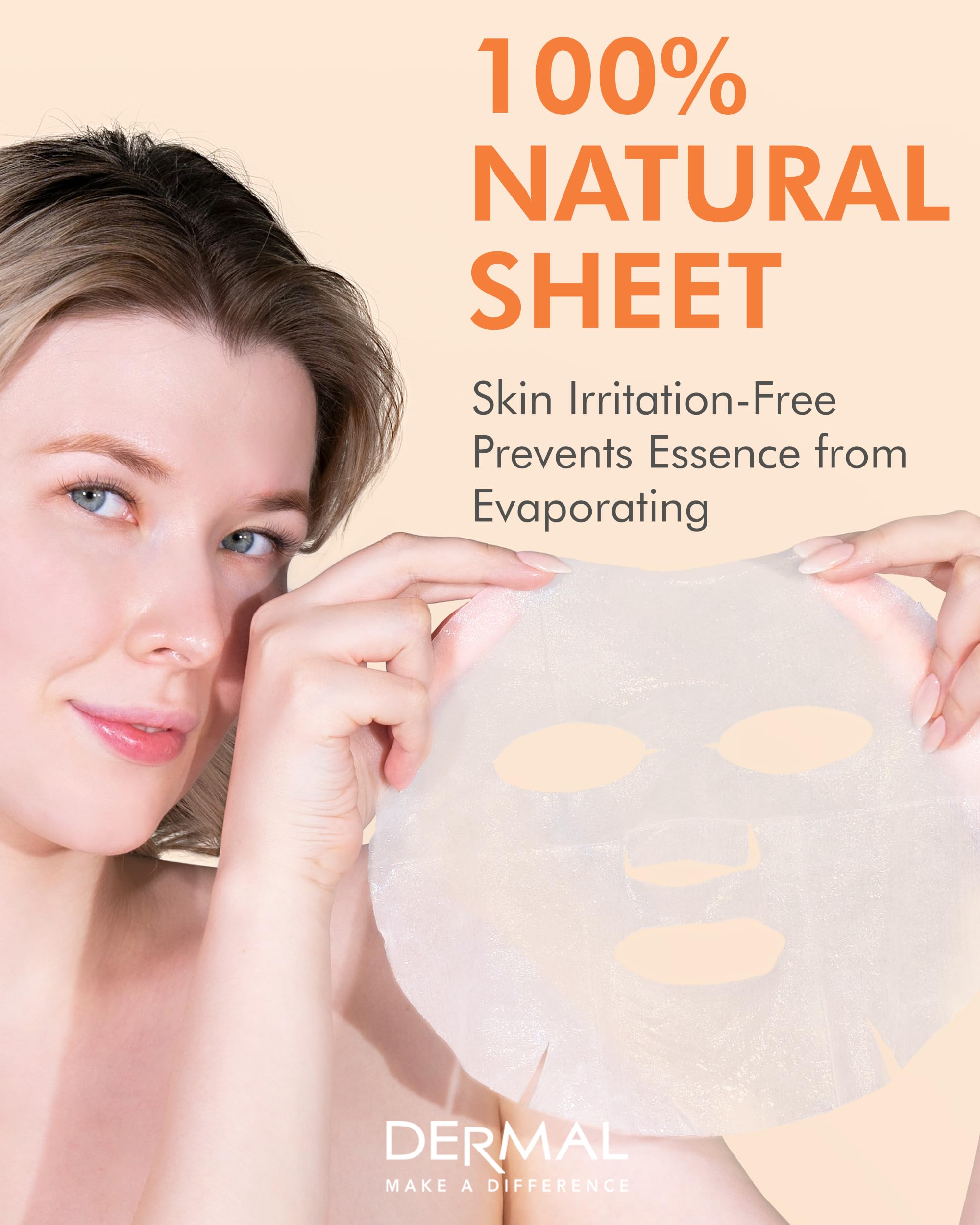 Dermal Apricot Collagen Essence Korean Facial Mask Sheet Pack Of 10 - Nourishing, Revitalizing Complexion, Skin Glow - Hypoaller