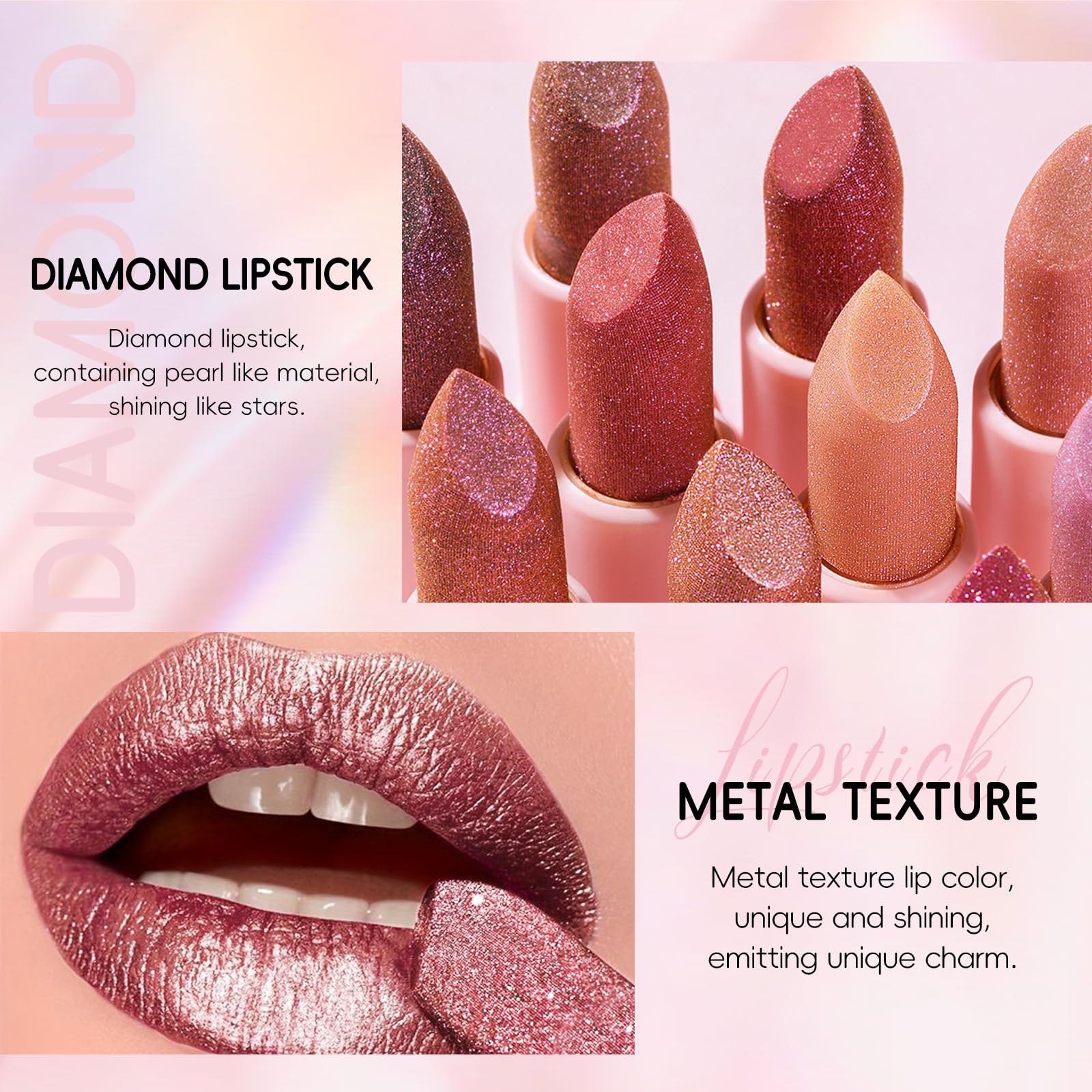 Hosaily Metallic Glitter Rose Red Lipstick For Women, Long Lasting High Shine Diamond Creamy Lipstick Transfer Proof, Shimmer Hi