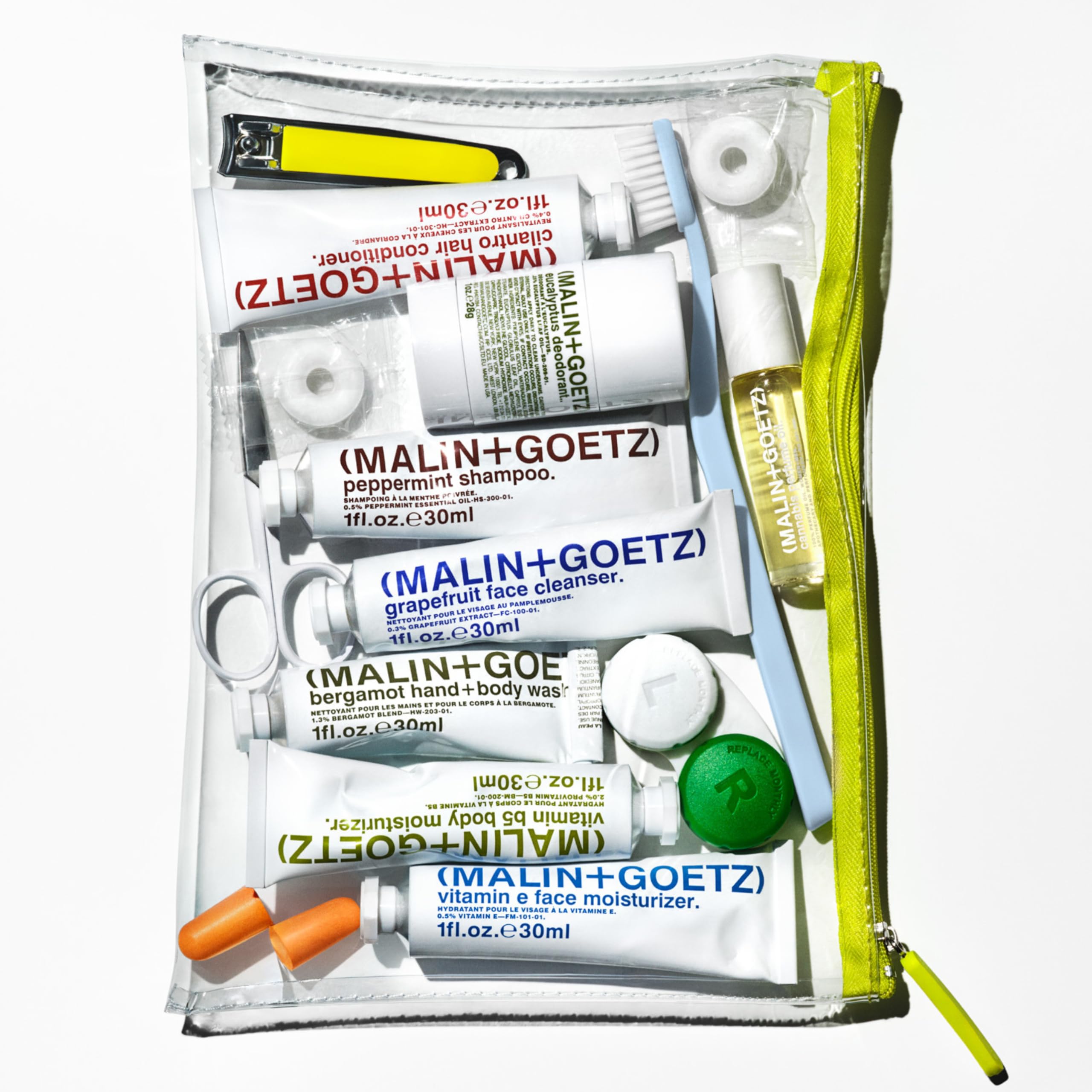 'Malin + Goetz Essential Starter Kit, 1 Fl. Oz. - Hair Shampoo & Conditioner, Facial Cleanser & Moisturizer, Hand & Body Wash,
