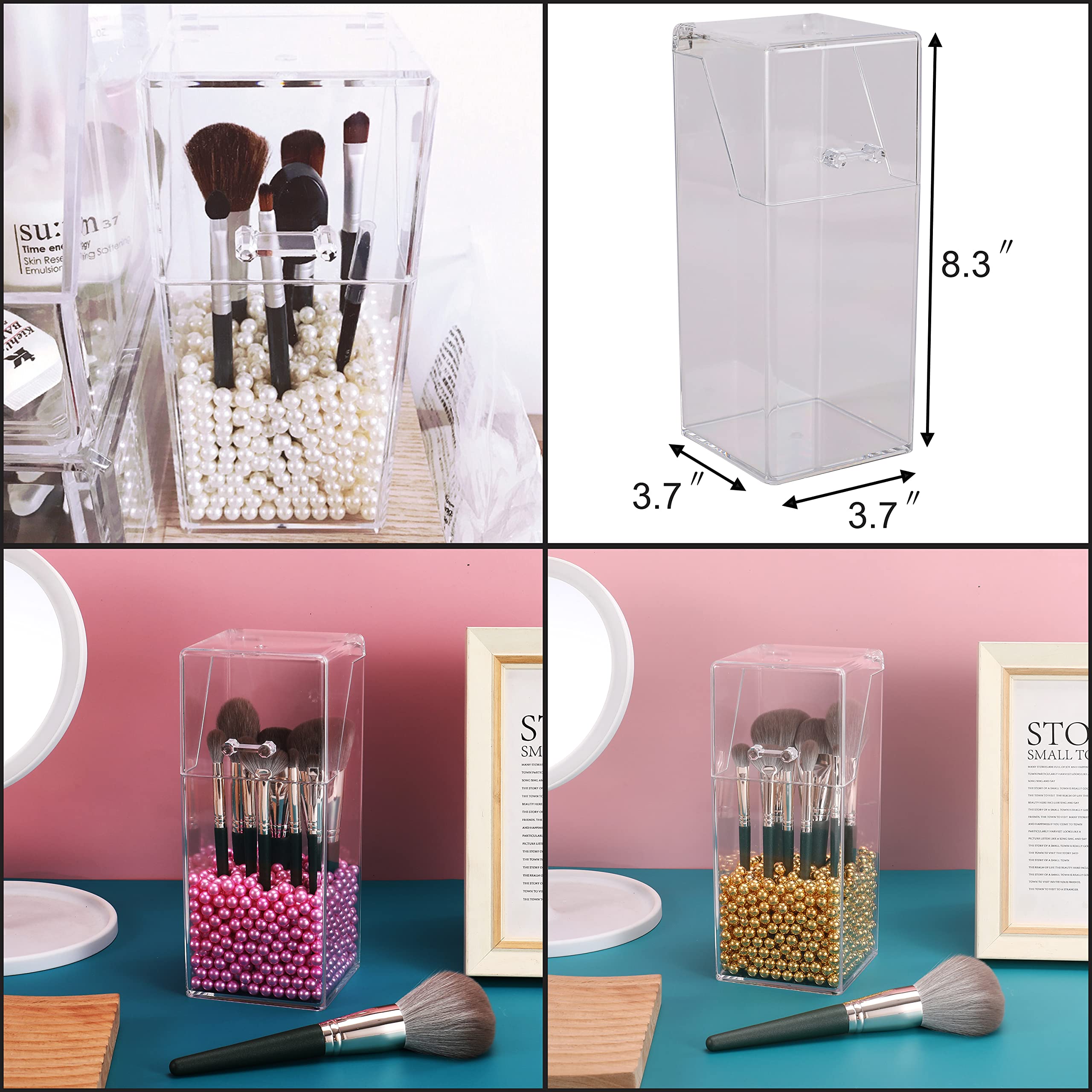 Sooyee Makeup Brush Holder,Makeup Brush Organizer With 8Mm Pink Pearls,Dustproof Makeup Brush Holder With Lid