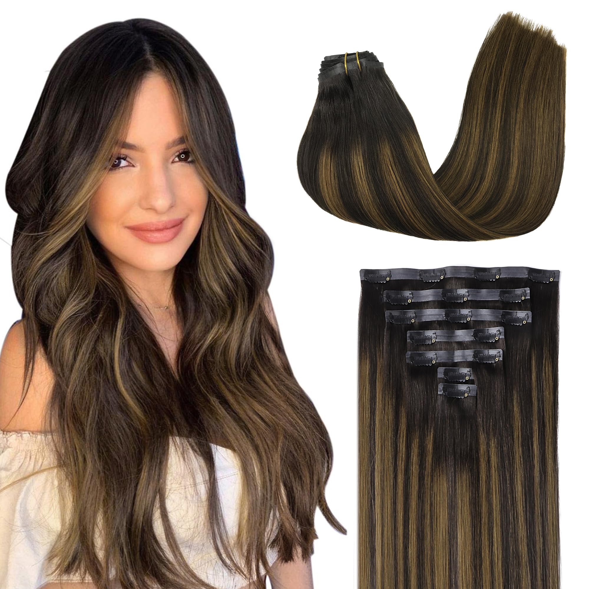 GOO GOO Clip in Hair Extensions Real Human Hair, 20inch 110g 7Pcs, 2/6/2 Balayage Dark Brown to Chestnut Brown, Remy Human Hair 