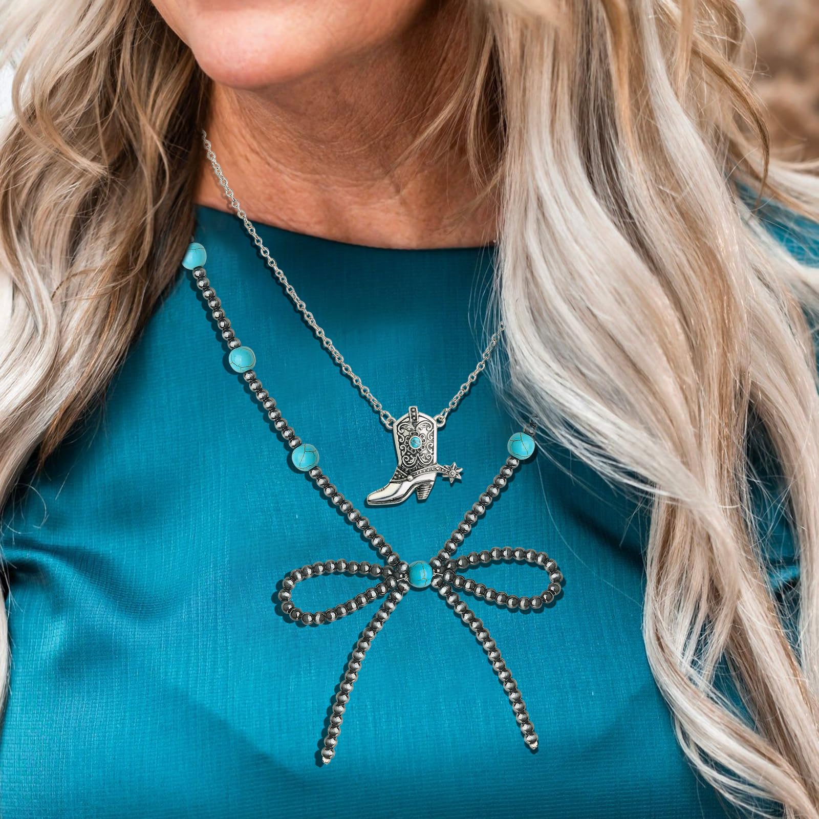 Navajo Pearl Bow Necklace Western Jewelry for Women Cowgirl Turquoise Necklaces Jewelry (11)