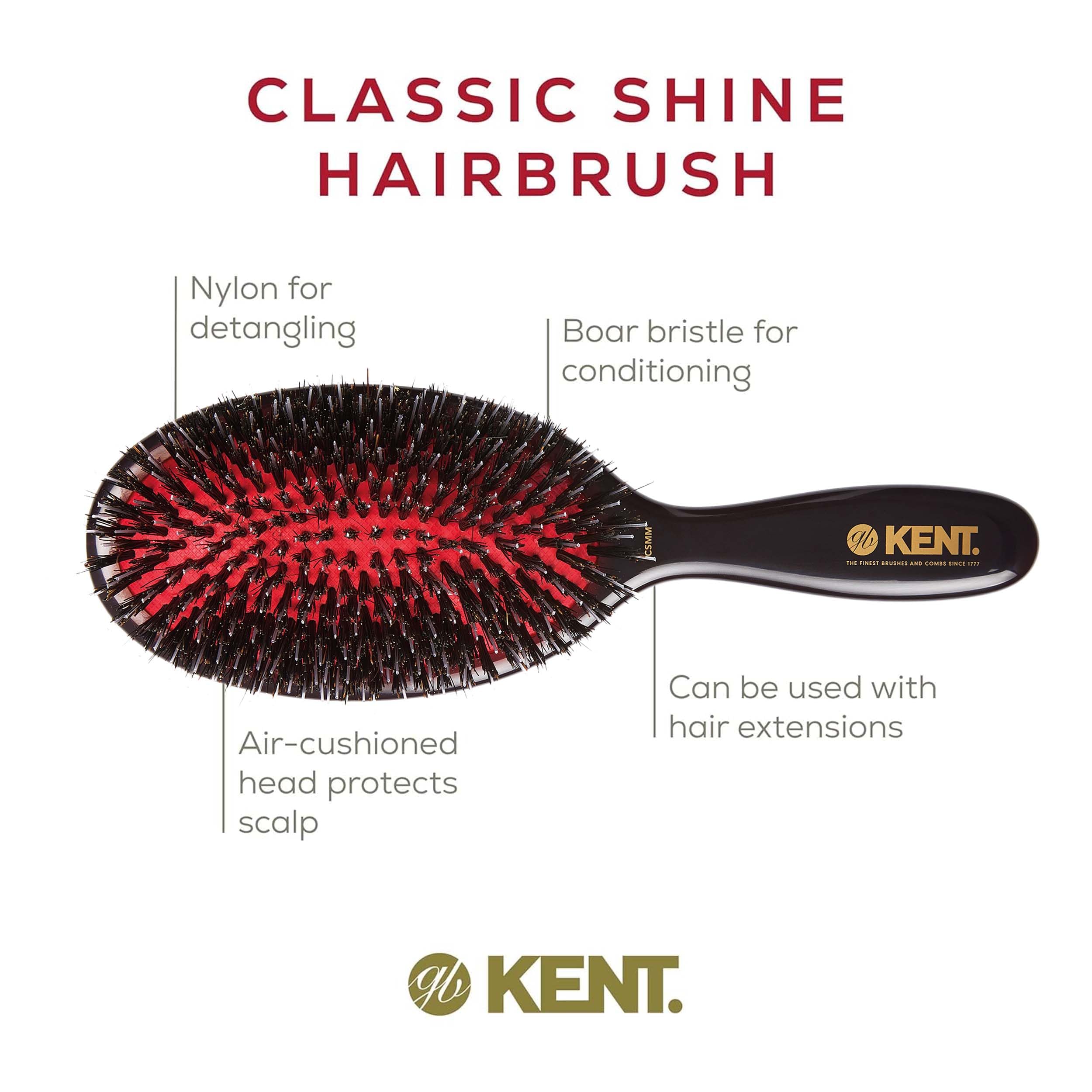 Kent CSMM Classic Shine Medium Oval Cushion Straightening Brush - Natural Black Boar Bristle Hair Brush with Nylon Quills - Shin