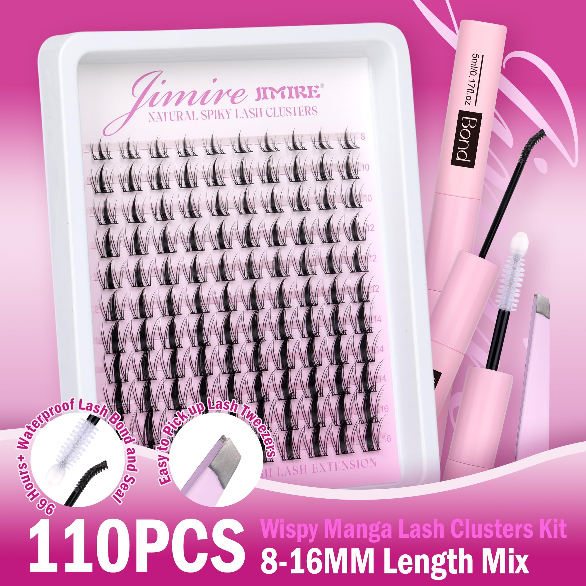 Jimire Lash Clusters Kit Manga Cluster Lashes Natural Look Wispy Diy Lash Extension Kit With Lash Bond And Seal Waterproof 110Pc