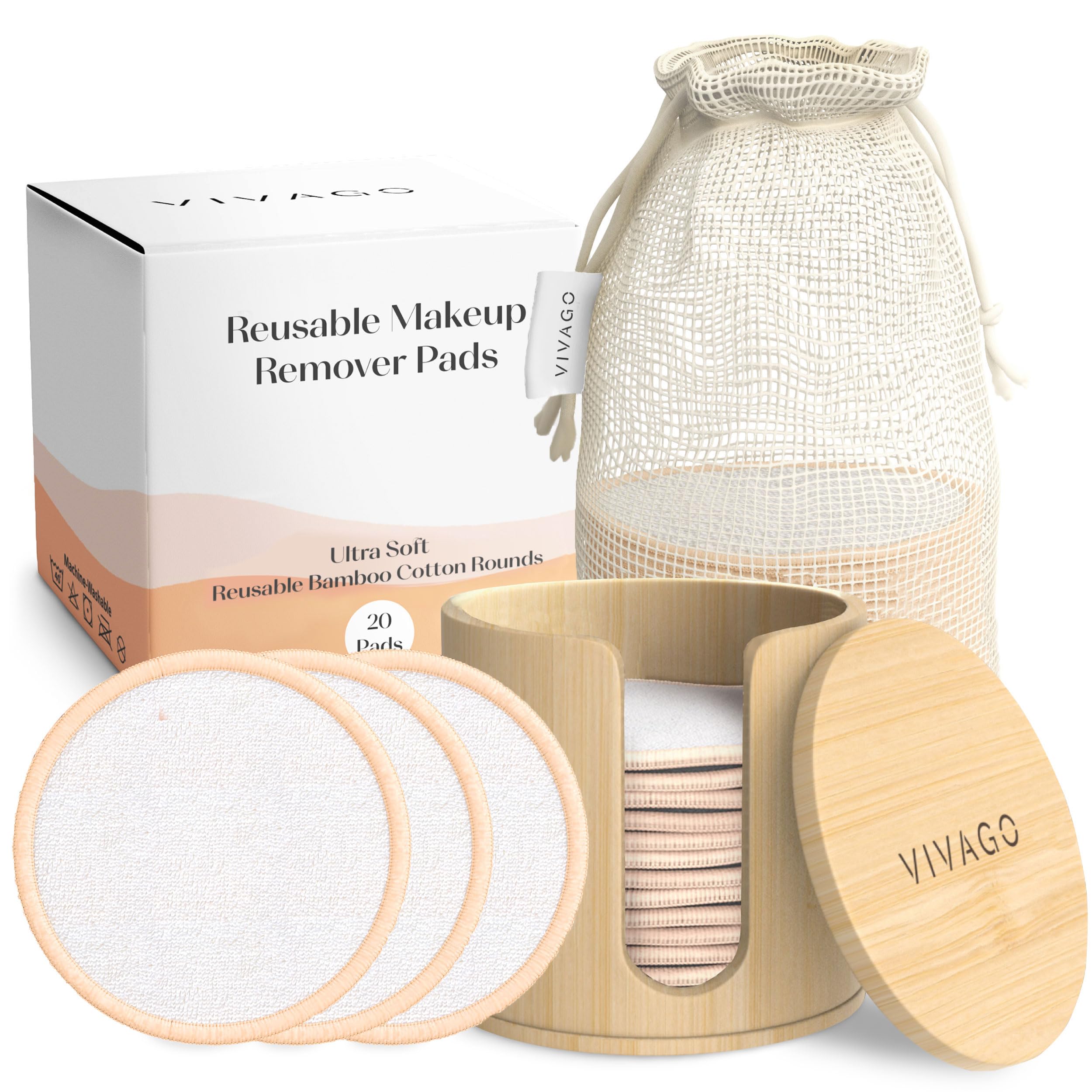 Vivago Reusable Cotton Rounds For Face - (20 Pack) Soft Reusable Makeup Remover Pads With Washable Drawstring Laundry Bag & Bamb