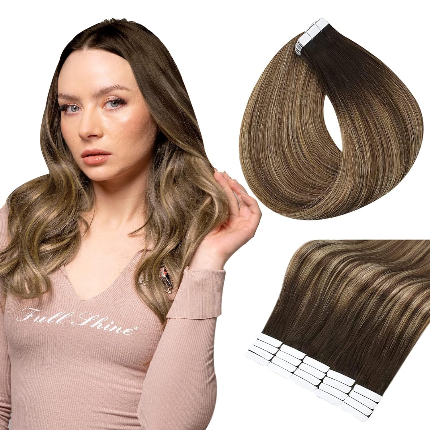 Full Shine Tape In Hair Extensions Human Hair Color 2 Brown Fading To 3 And 27 Honey Blonde Skin Weft Tape In Extensions 20 Inch