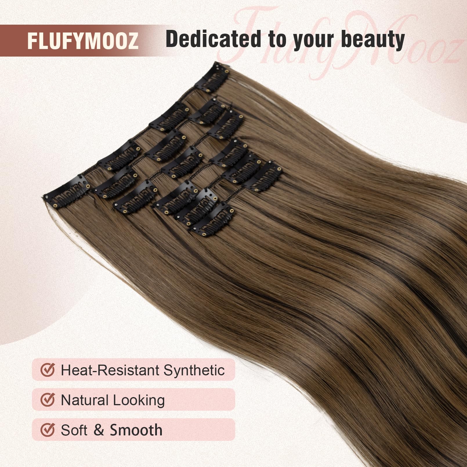 Flufymooz 6Pc Clip In Hair Extensions 24'' Straight Long Extensions For Women Synthetic Hairpiece (Black Brown With Highlights)