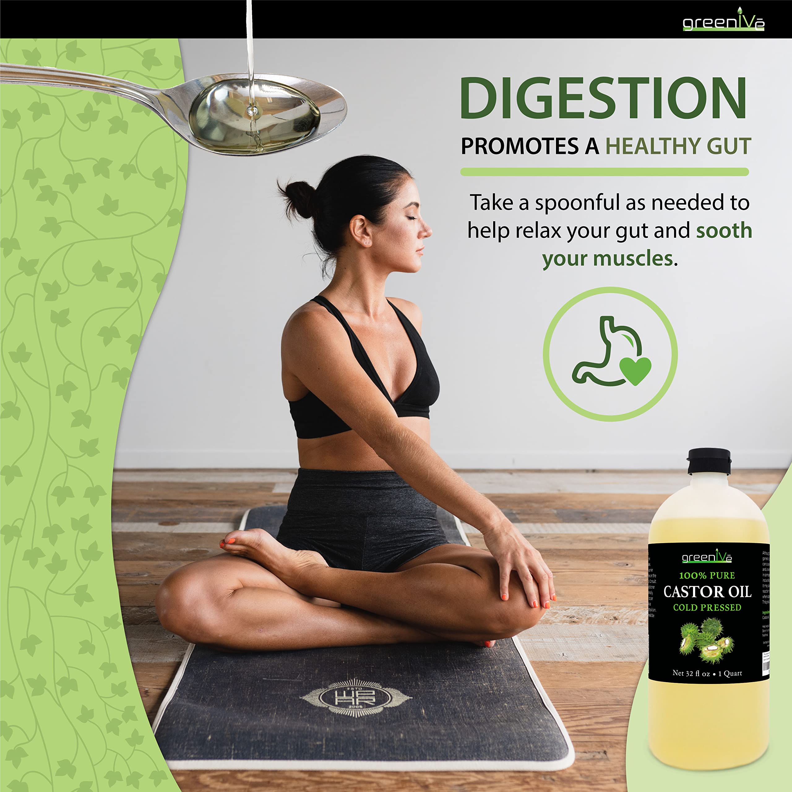 GreenIVe Castor Oil Organically Grown 100% Pure 32oz Bottle Cold Pressed, Hexane Free, Eyelash and Eyebrow Growth Serum, Skin Mo