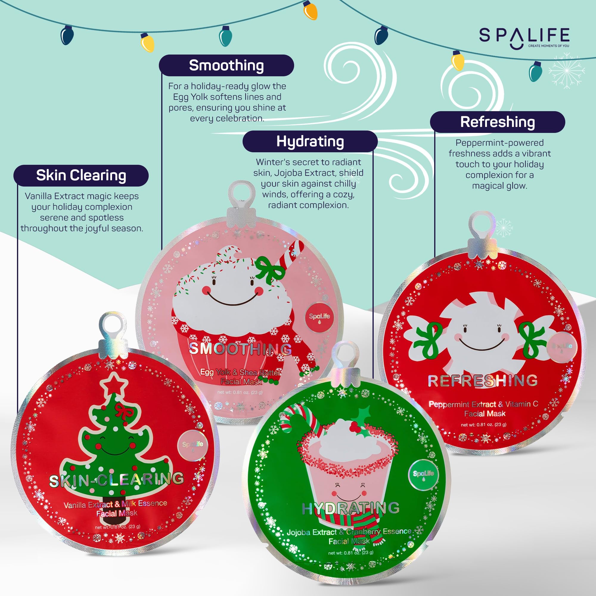 Spalife Christmas Stocking Stuffer Facial Masks 12-Pack - Hydrating, Smoothing, And Refreshing Skin-Clearing Face Sheet Masks -