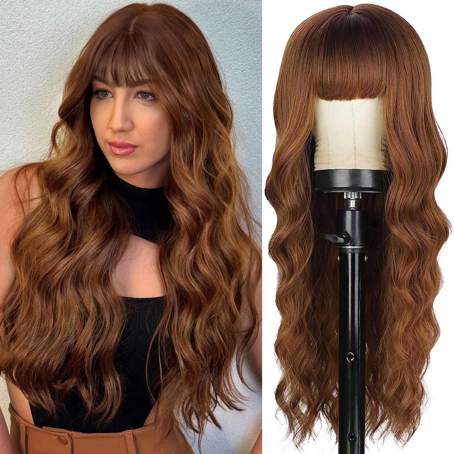 Lativ Auburn Wig with Bangs Long Wavy Ginger Wig Natural Looking Heat Resistant Synthetic Curly Full Wigs for Women Daily Use 26
