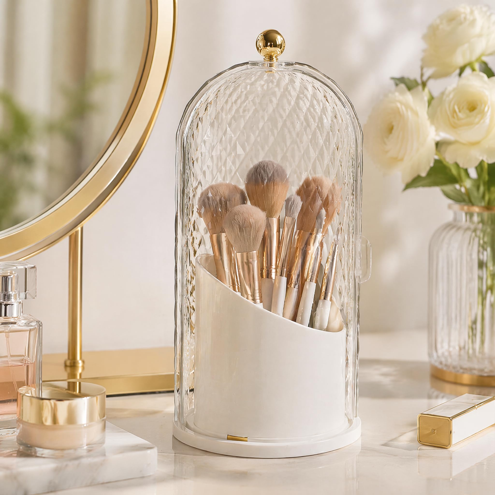Eorbow Makeup Brush Holder with Lid, 360 Rotating Cosmetic Tools Organizer, Dustproof Sliding Opening Brush Storage Box with 3 C