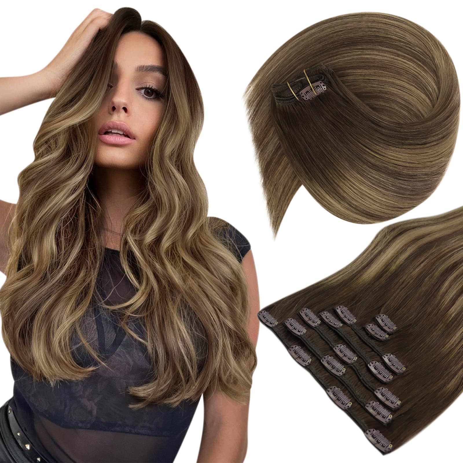 Sunny Short Hair Extensions Clip ins Balayage Human Hair Clip in Extensions Dark Roots Clip in Hair Extensions Chocolate Brown O