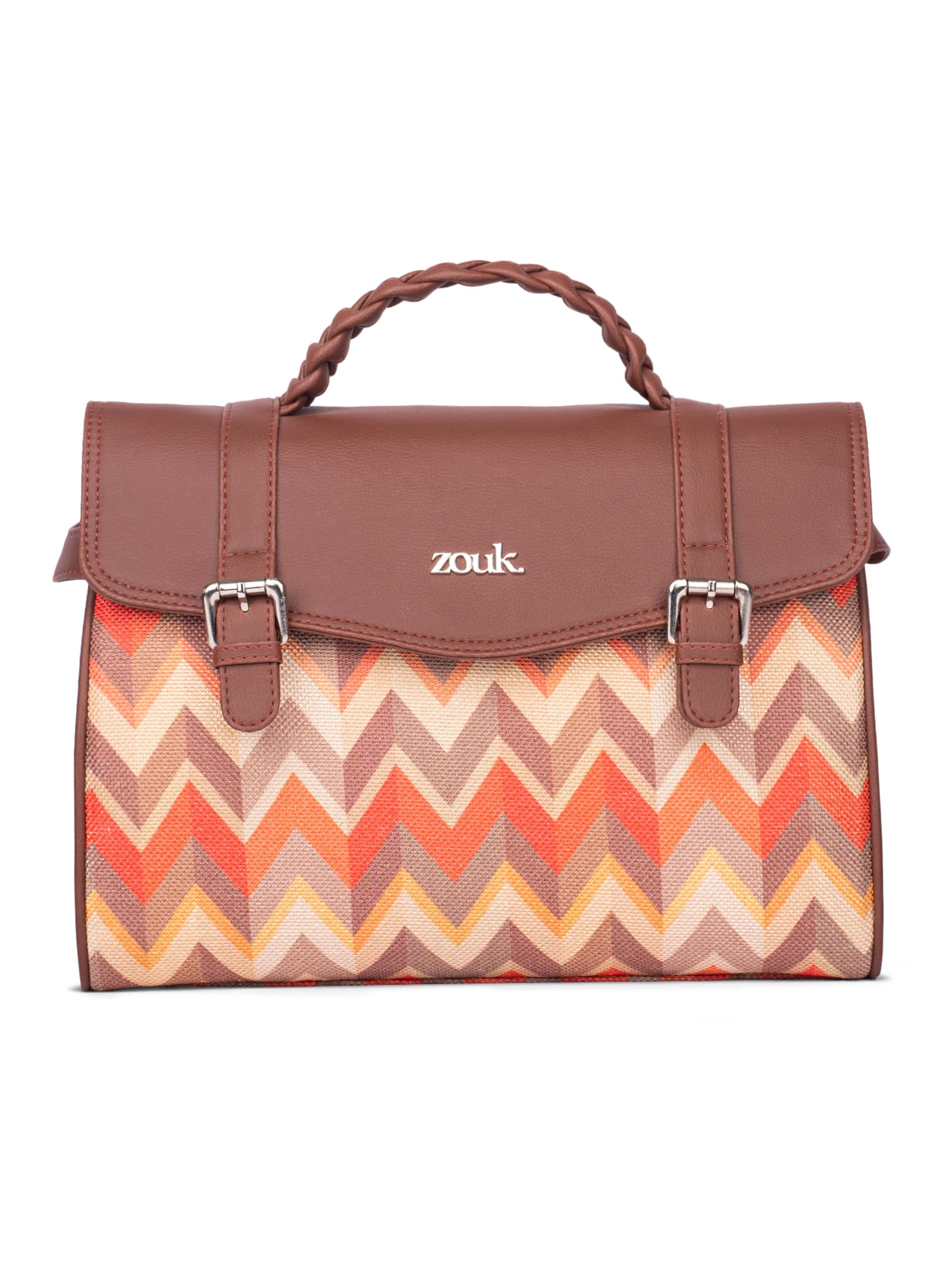 Zouk Konkona Heritage Satchel Bag  Tidal Wave | Jute | Vegan Leather Handcrafted With Detachable Sling Strap| Orange