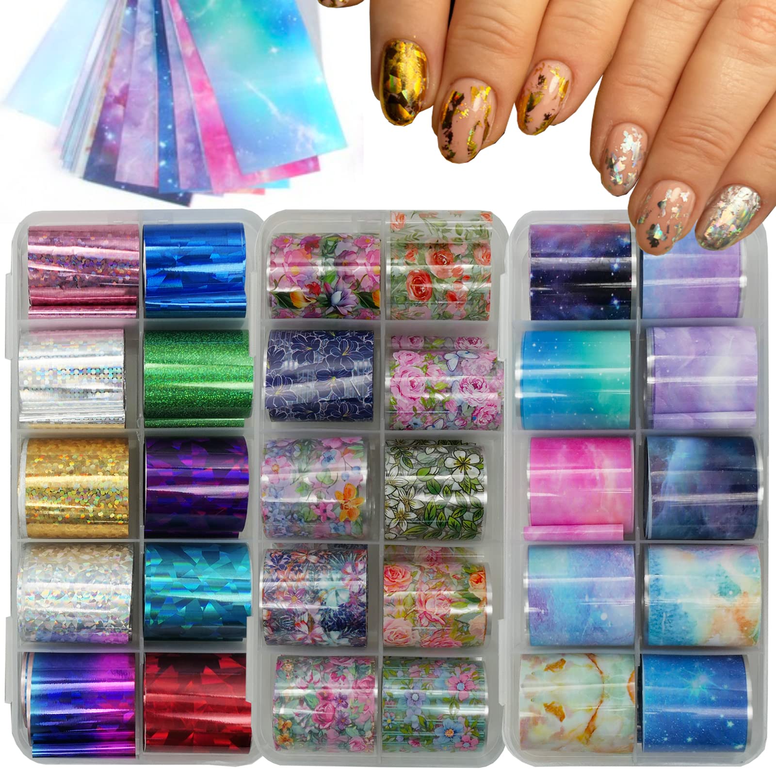 LoveOurHome 30 Sheet Nail Art Foil Transfer Stickers Decals Designer Flower Starry Sky Holographic Nail Foils Fingernail Tattoos