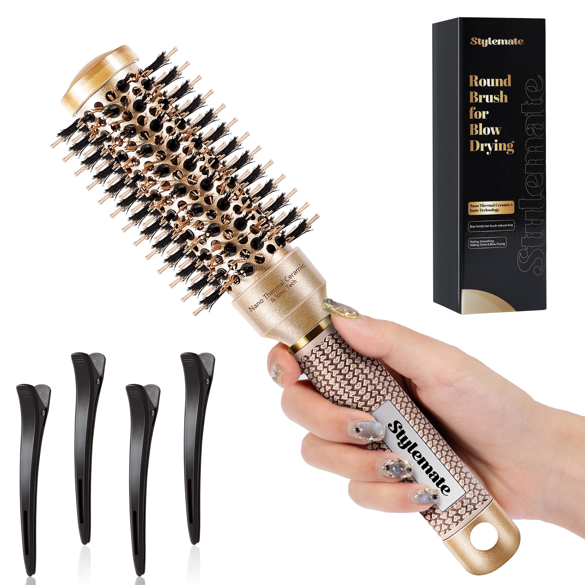Round Brush for Blow Out, Nano Thermal Ceramic & Ionic Tech Round Barrel Hair Brush with Boar Bristles, Roller Brush for Blow Dr