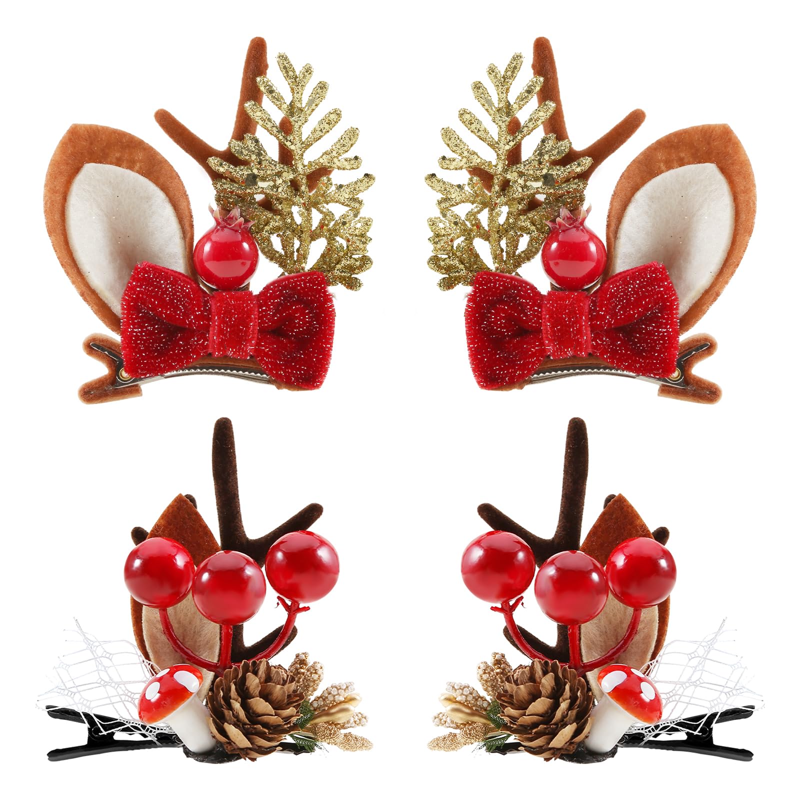 Boobeen Christmas Hair Clip - 2 Pairs Cute Reindeer Antlers Ears Hair Accessory Antlers Headdress Hairpin for Christmas Party