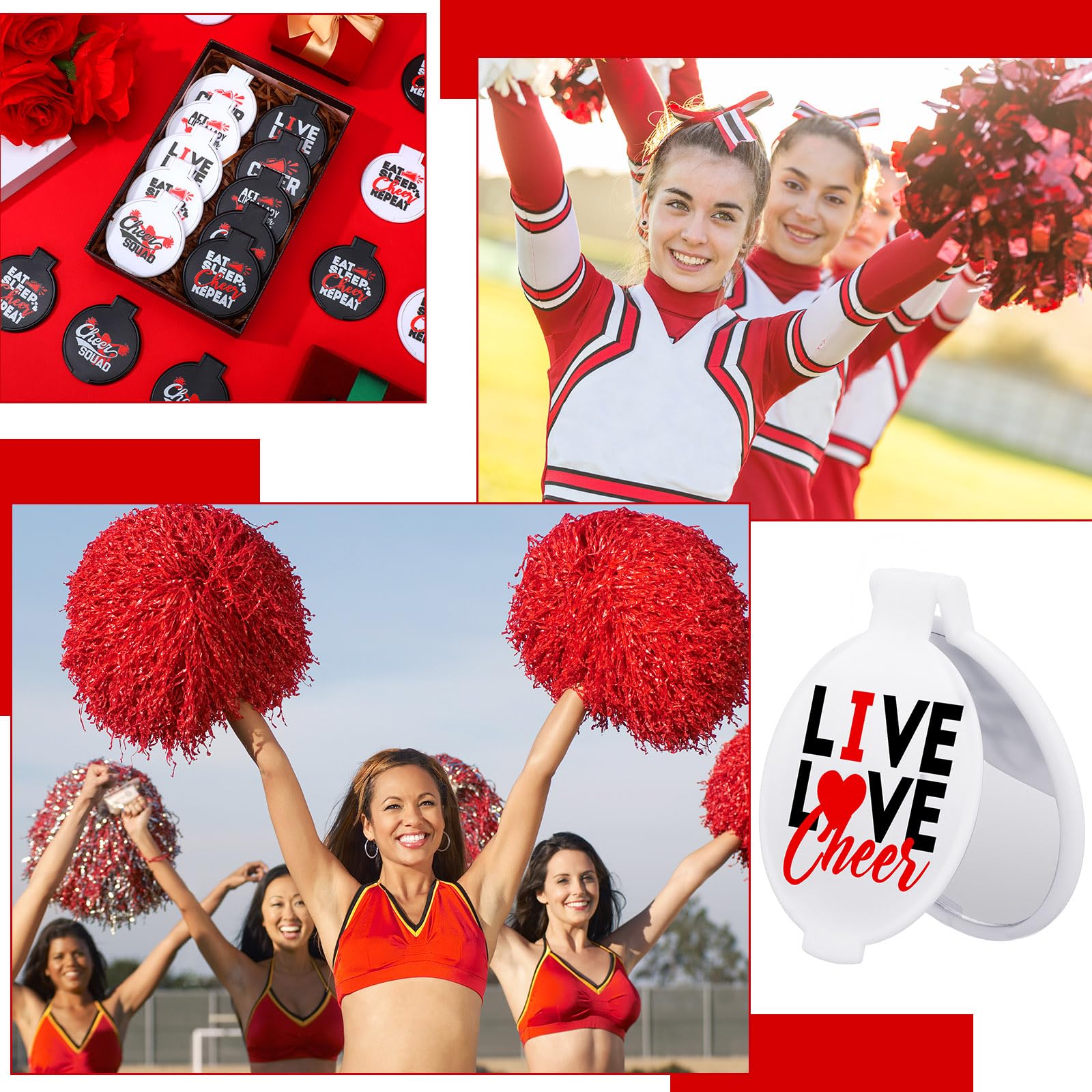 Wenqik 50 Pcs Cheerleader Mirror Gifts Cheerleading Compact Mirror Bulk Folding Pocket Mirror Cheer Party Favors For Team(Red Ch
