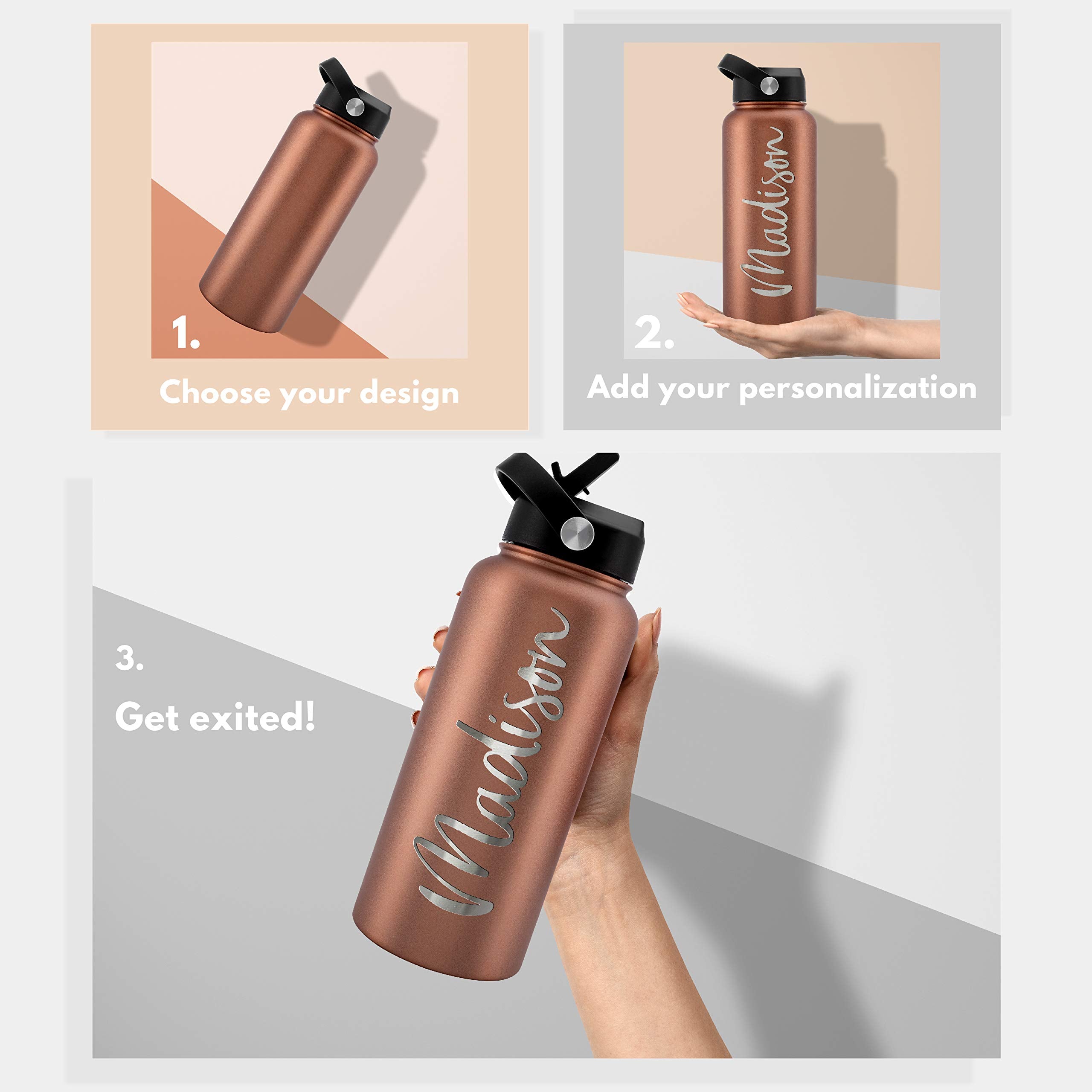 Amazing Items Personalized Water Bottle W Straw  Lid, 32 Oz - Teal  Custom Stainless Steel Sports Water Bottle W Name And Text -