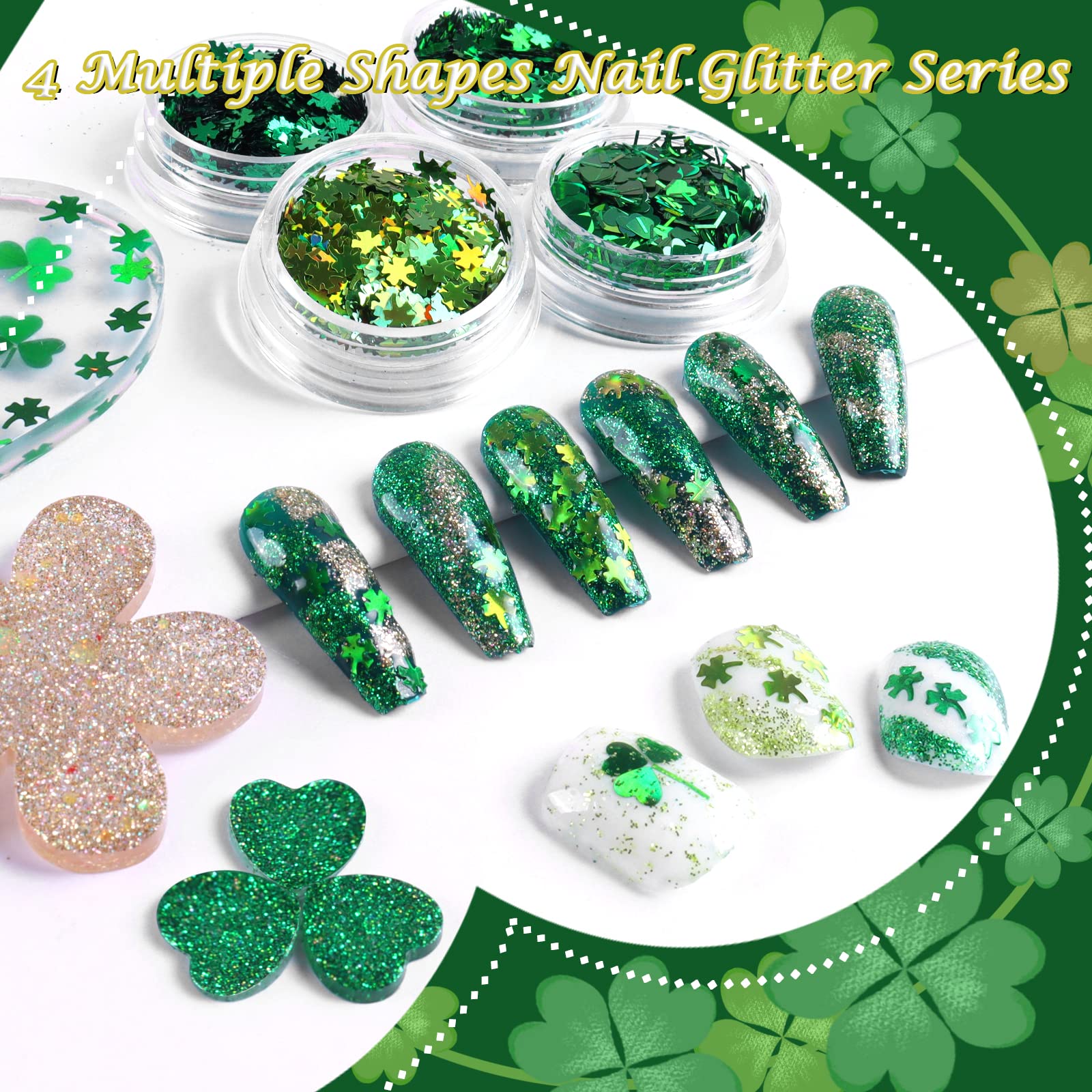 Allstarry Nail Glitter 4 Colors Holographic Shamrock Glitter Iridescent Clover Chunky Sequins Aurora Green Nail Flakes Sparkly P
