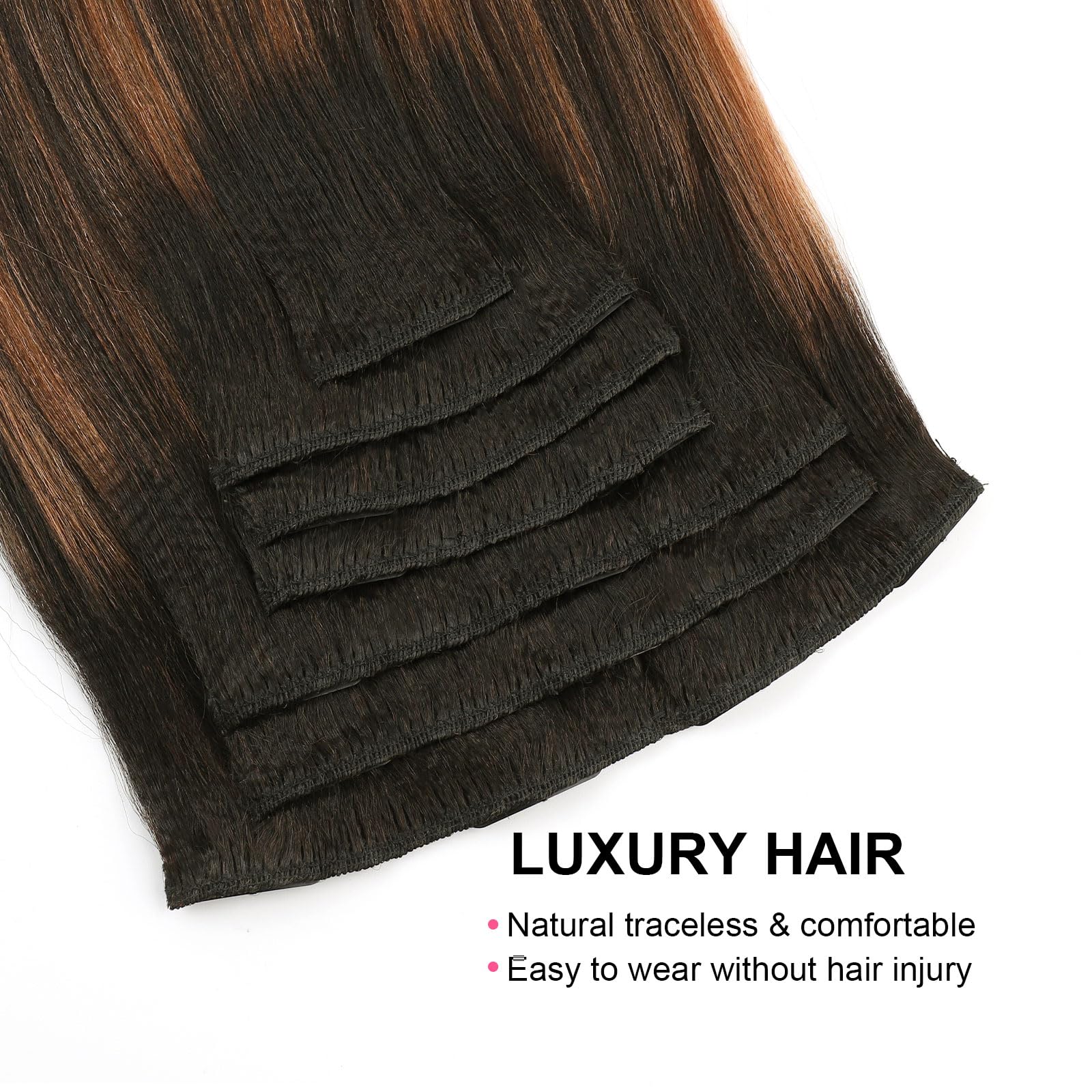 Abh Amazingbeauty Hair Yaki Straight Clip Ins Human Hair Rooted Black Piano Natural Black #1B Mixed With Light Auburn #30 Two To