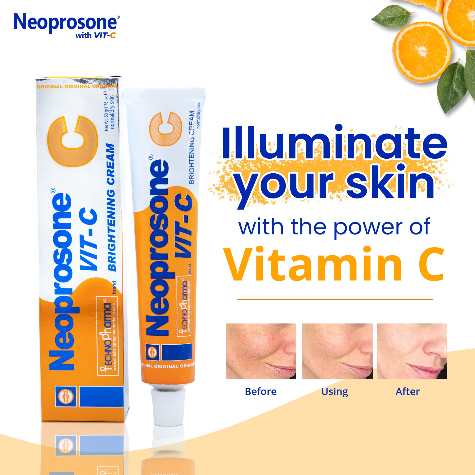 Neoprosone Skin Brightening Cream with Vitamin C & Alpha Arbutin, 1.7 Fl oz / 50 ml - Enhances Radiance & Even Skin Tone