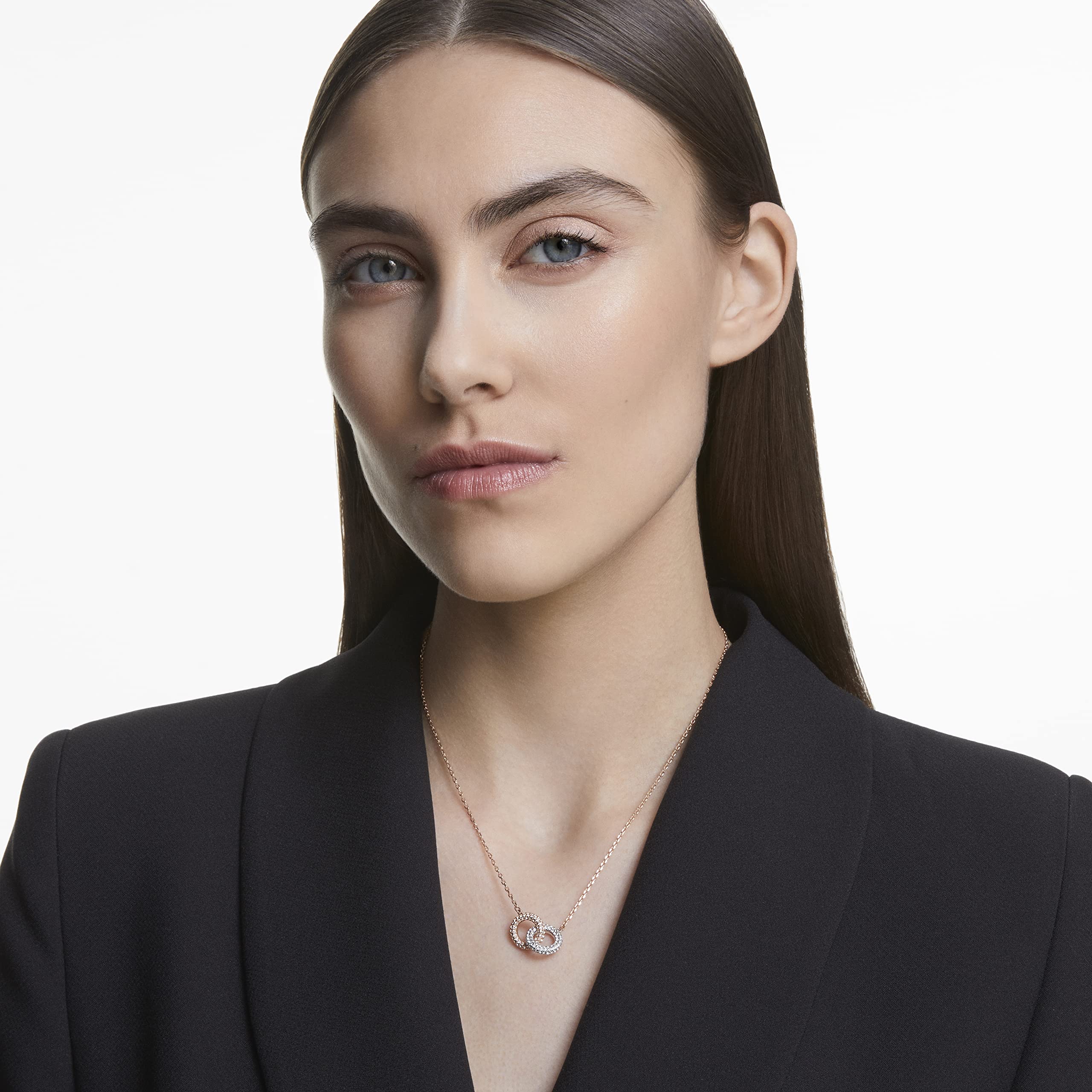 Swarovski Dextera Clear Crystals And Rose Gold Tone Plated Intertwined Circles Necklace 5414999 For Women