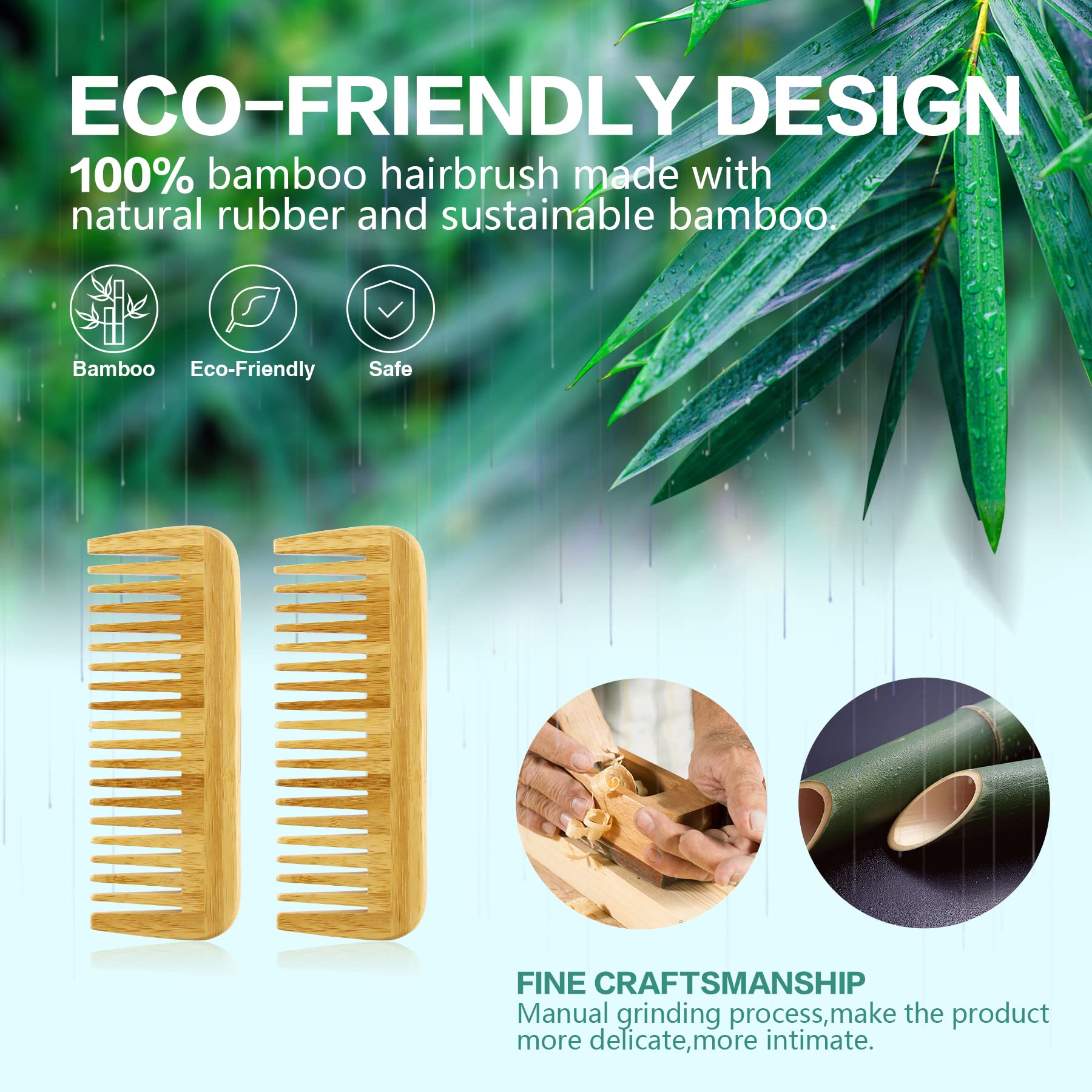 Moyretty 2 Pieces Bamboo Hair Comb Wide Tooth Brush Handmade Of Natural Bamboo Wood Anti-Static For Detangling And Styling Wet O
