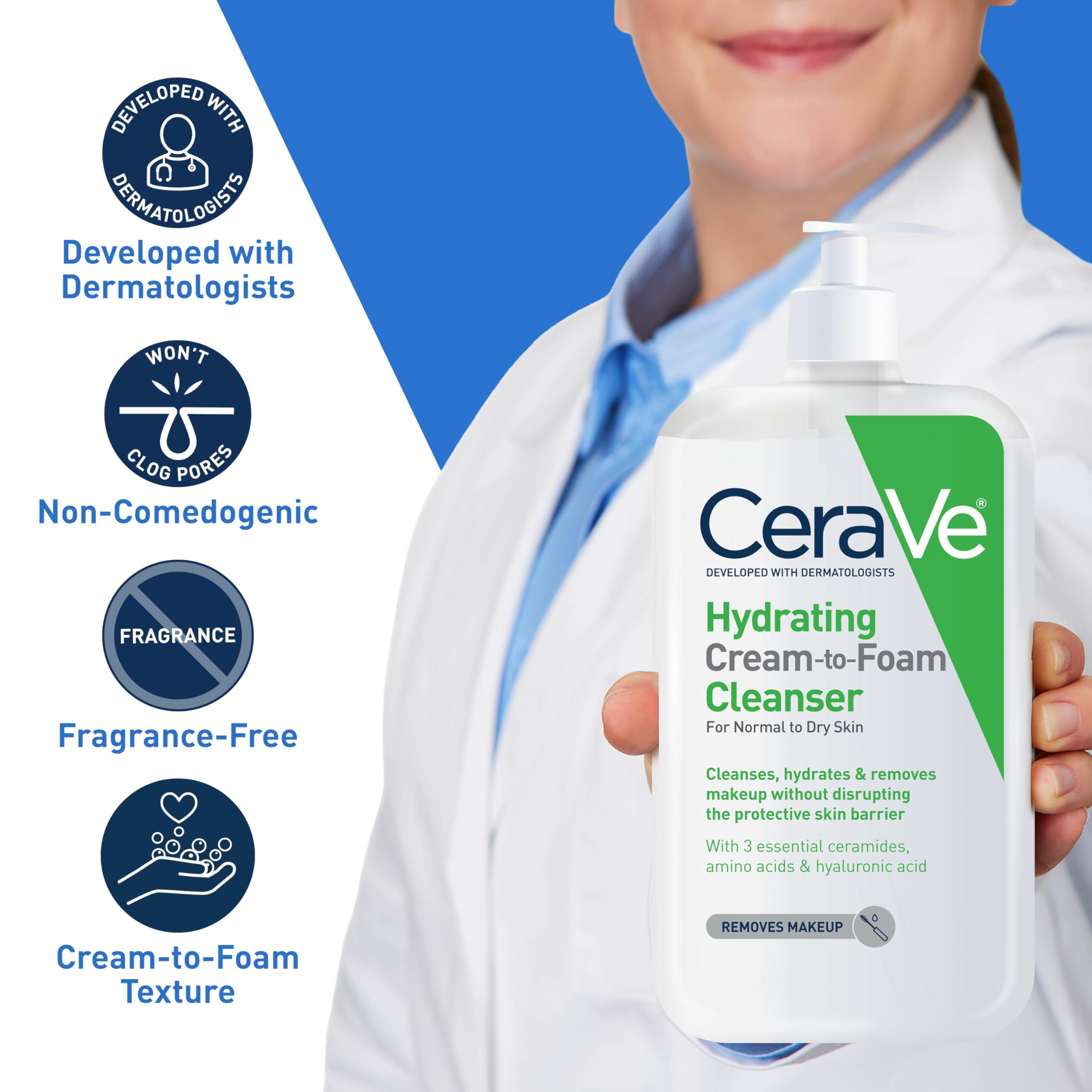 CeraVe Hydrating Cream To Foam Cleanser, Makeup Remover Face Wash For Dry Skin, Foaming Facial Cleanser With Hyaluronic Acid, No