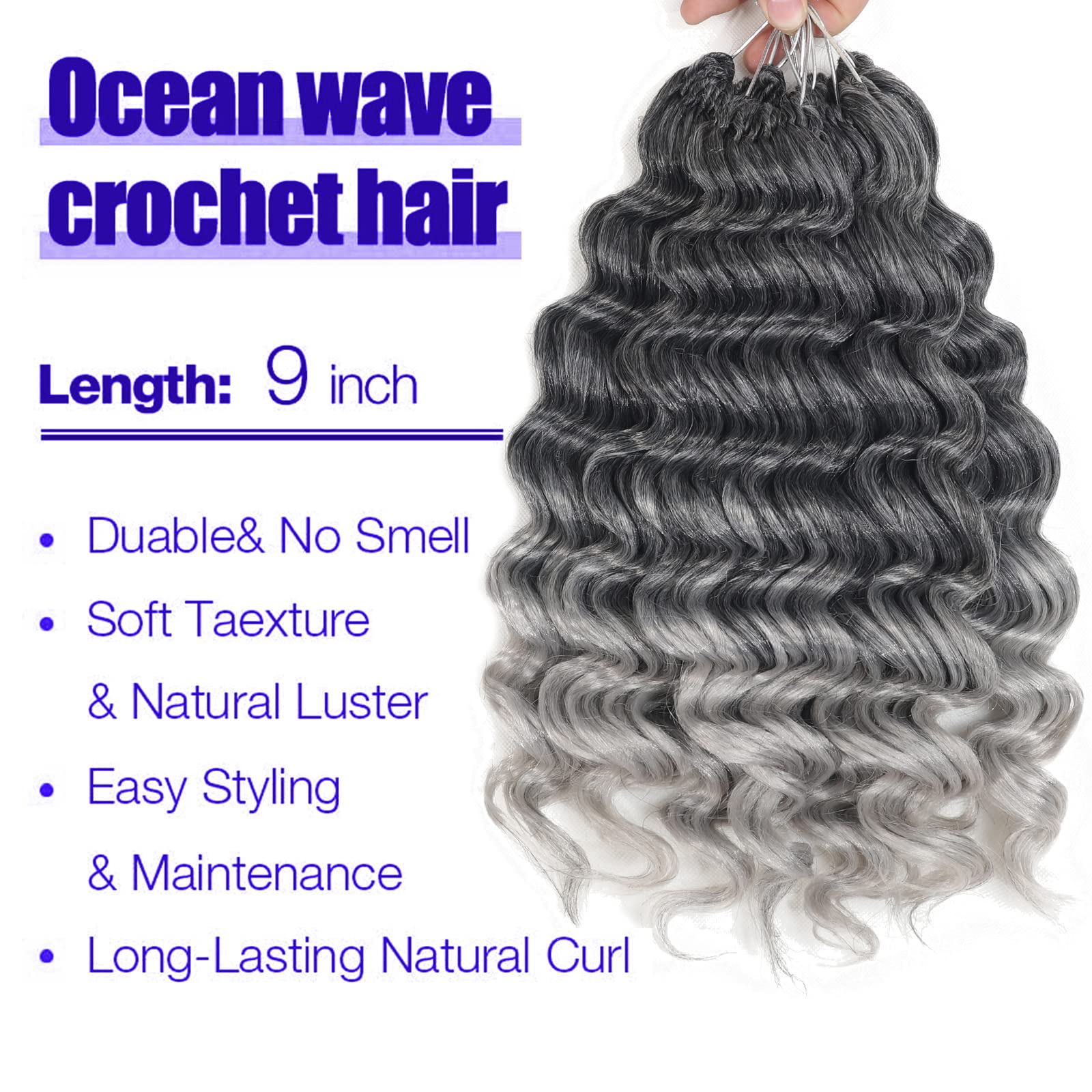 Ocean Wave Crochet Hair14Inch Grey Ombre Curly Braiding Ocean Wave Hair 7 Packs Deep Wave Shoulder Length Medium Long Wavy Ocean