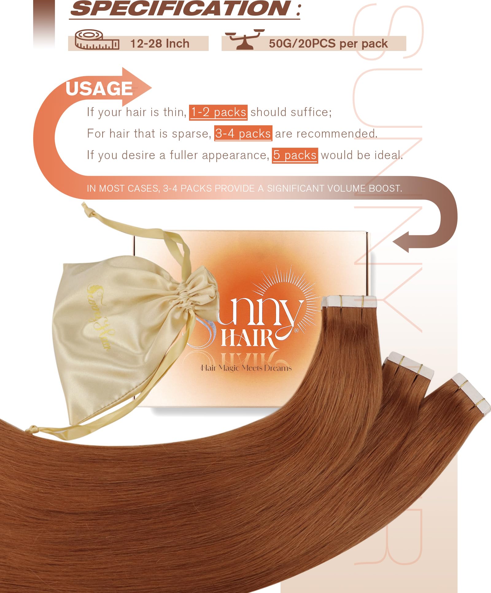 Sunny Hair Tape in Hair Extensions Real Human Hair Invisible Remy Hair Extensions Tape ins for Women Copper Red 20 inch 20Pcs 50