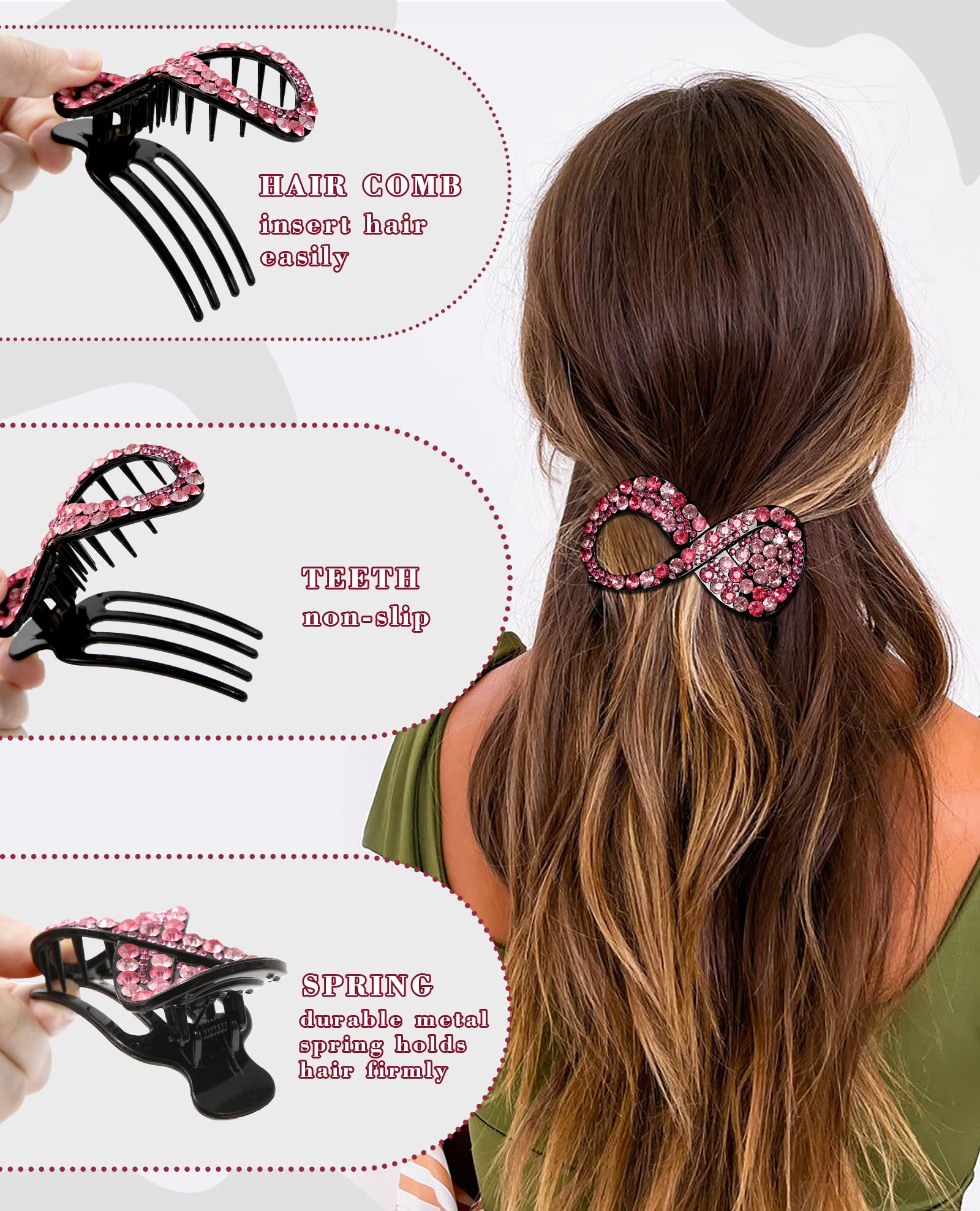 AWAYTR 5PCS Rhinestone French Hair Clips, Curved Medium 3.54", Polyester, Strong Hold, No Slip, Perfect for Thick Hair