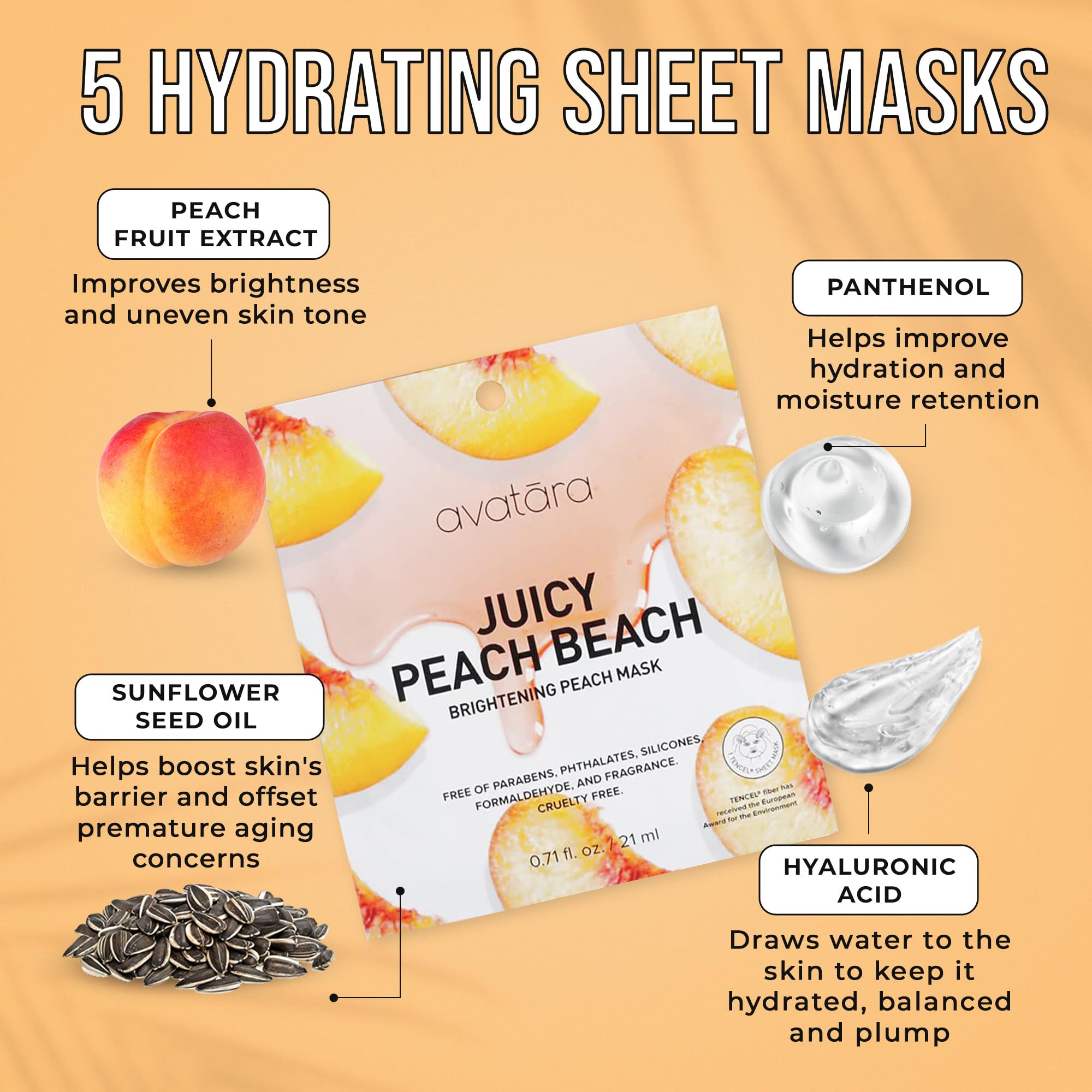 Avatara Juicy Peach Brightening Facial Mask 5 Sheets, Beauty And Skincare Sheet Masks With Peach Extracts, Hyaluronic Acid And C