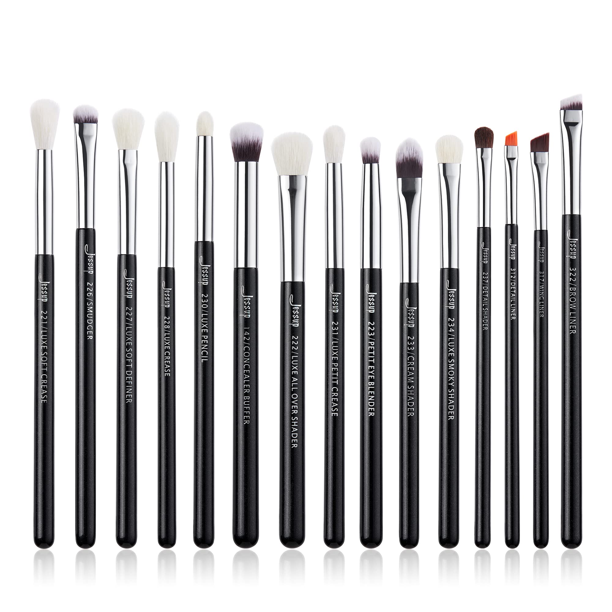 Jessup Eye Makeup Brushes Set Professional 15pcs with Eyeshadow Blending Concealer Eyebrow Eyliner Brush (Pearl Black/Silver)