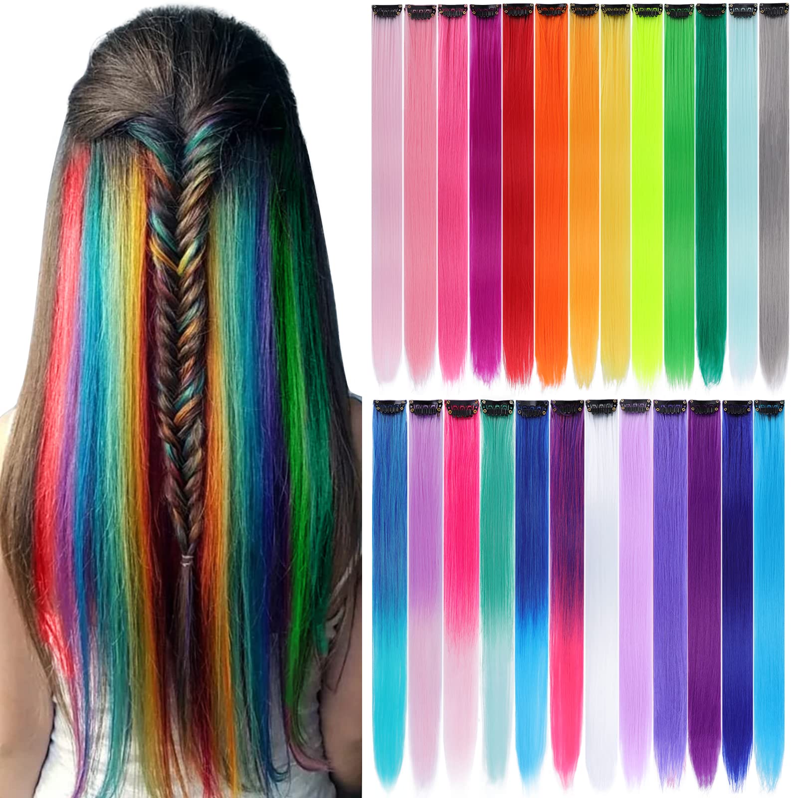 25 Pack Colored Party Highlights Clip in Hair Extensions for Women Kids Girls 22 inches Multi-colors Straight Hair Synthetic Hai
