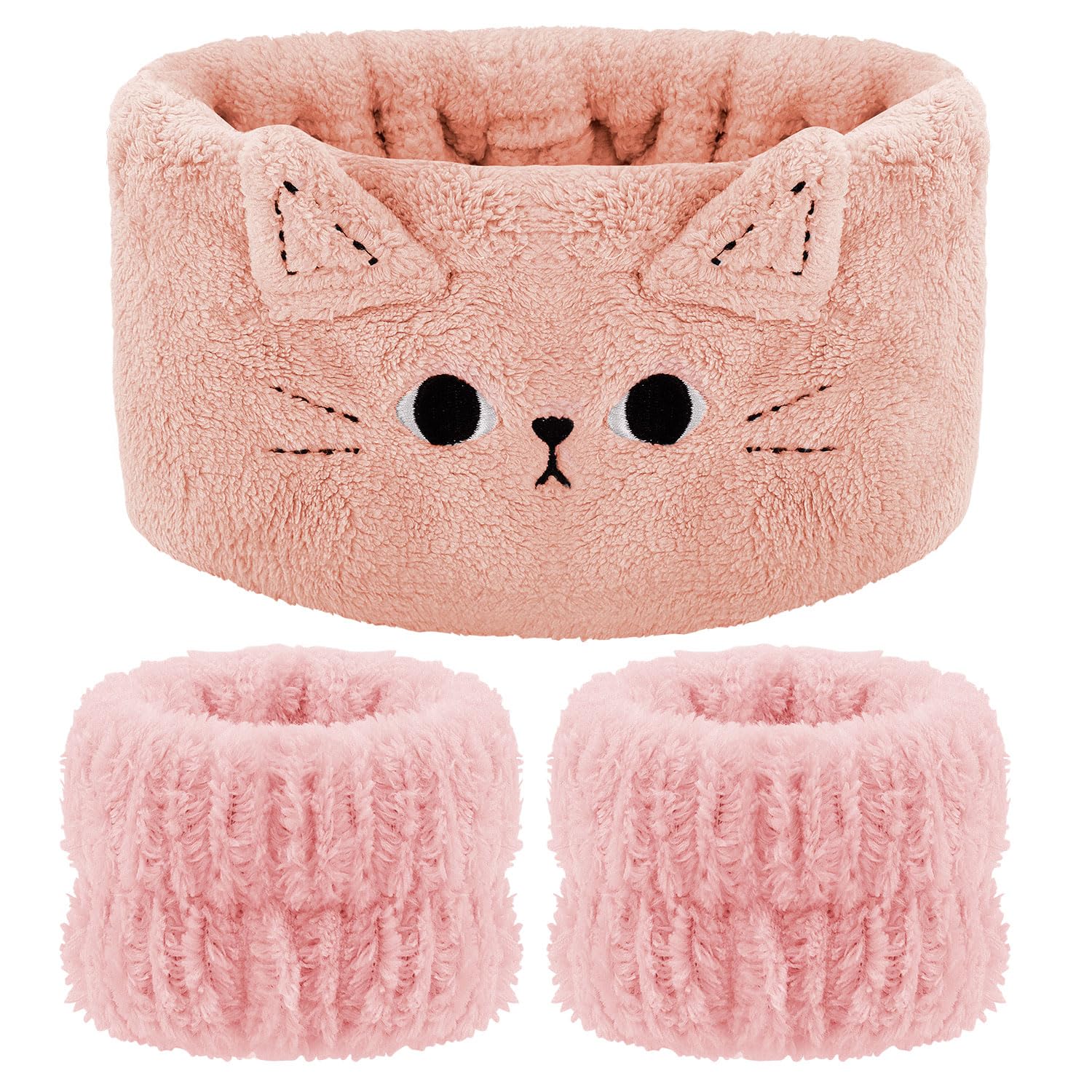 Atoden Cat Ears Spa Headband Wristband Set Cute Animal Skincare Headband Makeup Headband for Washing Face Elastic Face Wash Hair