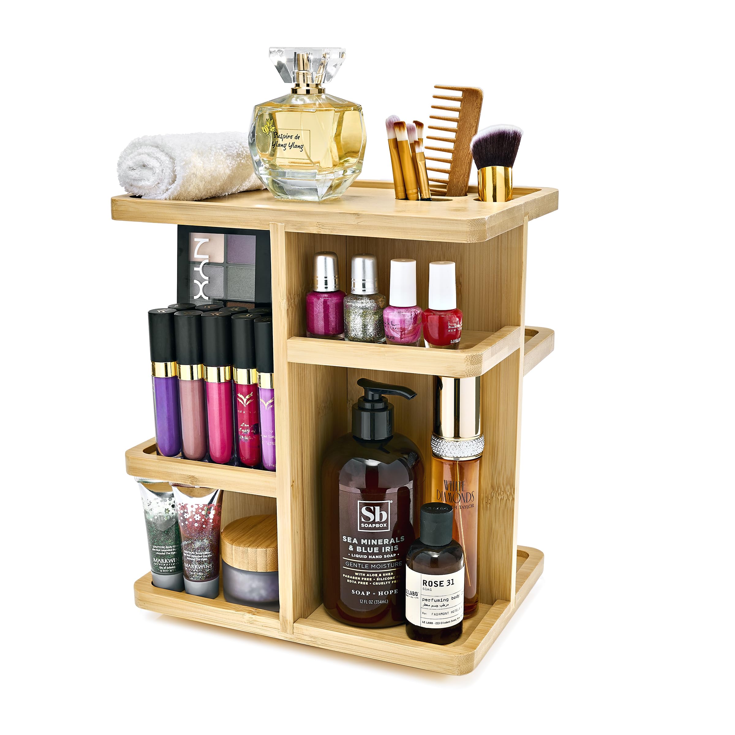 Sorbus 360 Makeup Organizer - Bamboo Wood Make Up Storage Carousel For Cosmetics, Skin Care Rotating Makeup Organizer For Vanity