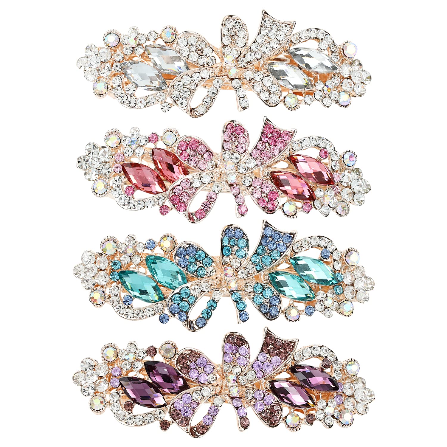 Insowni 4 Pack Luxury Glitter Sparkly Jeweled Gems Korean Decorative Crystal Rhinestone Flower Strong Metal French Barrettes Sna